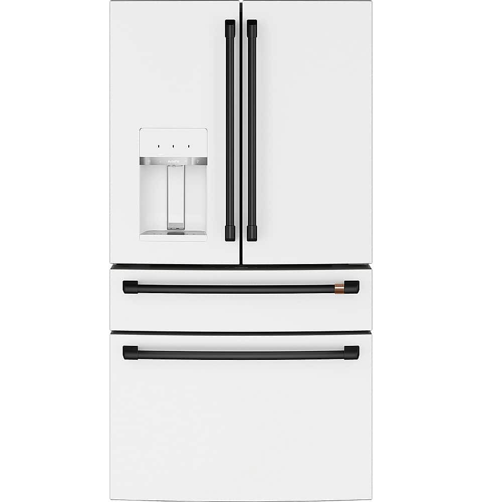 The image features a white refrigerator with a freezer compartment on the bottom. The refrigerator has a handle on the left side and a water dispenser on the right side. The freezer compartment is located below the refrigerator, and the refrigerator is placed in a kitchen.