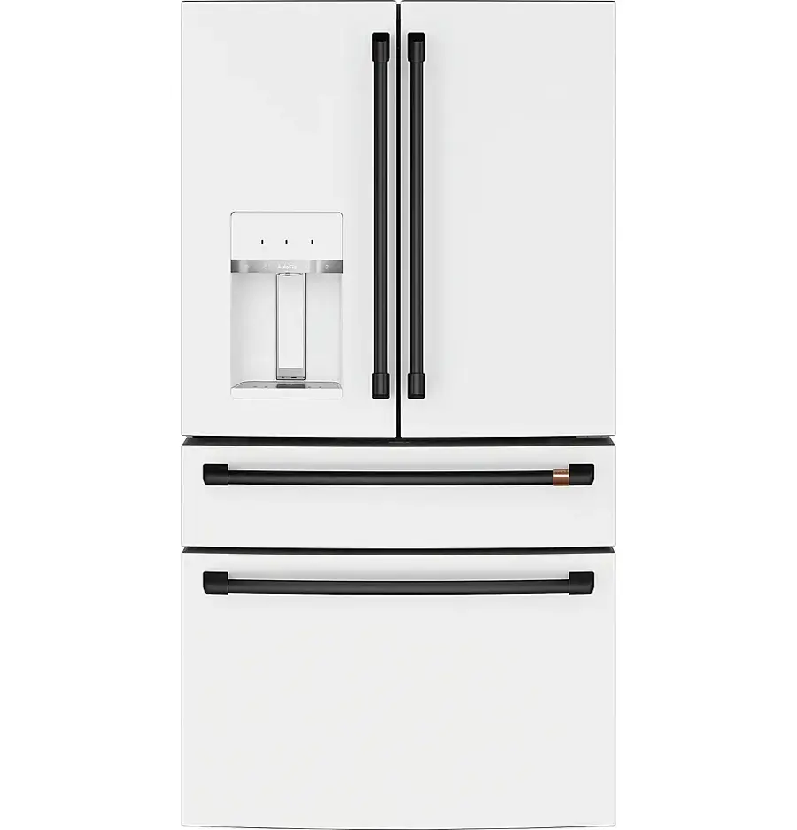 The image features a white refrigerator with a freezer compartment on the bottom. The refrigerator has a handle on the left side and a water dispenser on the right side. The freezer compartment is located below the refrigerator, and the refrigerator is placed in a kitchen.