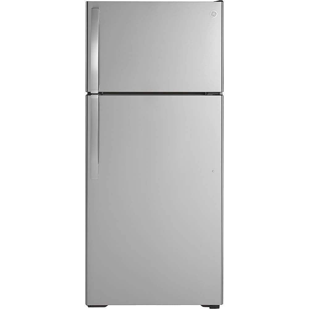 Front. GE - 16.6 Cu. Ft. Top-Freezer Refrigerator - Stainless Steel.