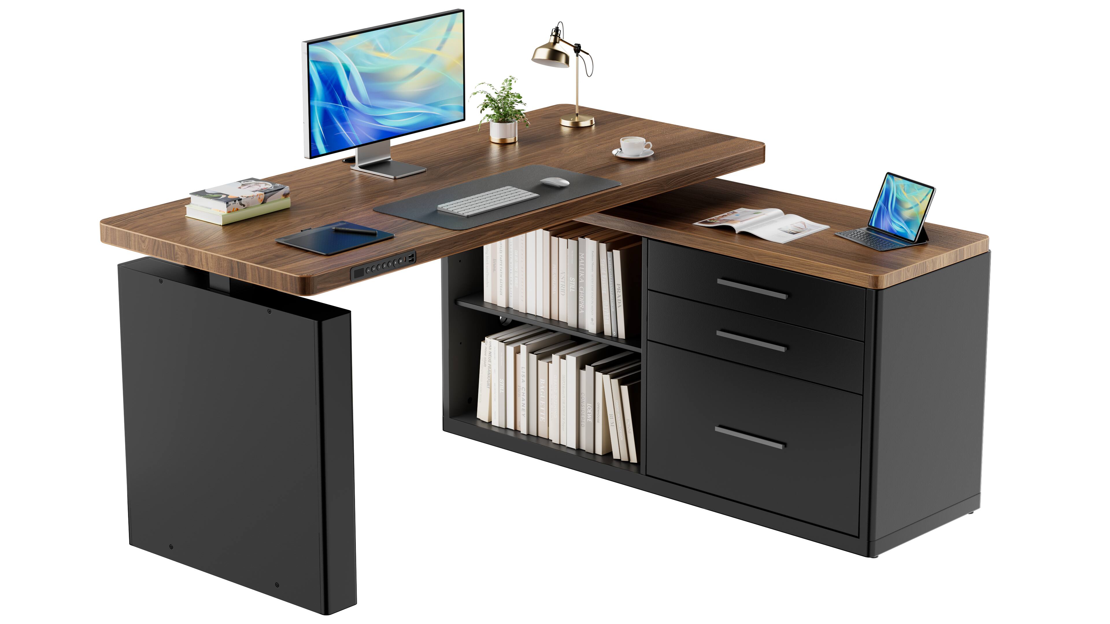ErgoAV - Adjustable Executive Standing Desk with USB Ports & Cabinets - 55" x 47.2" - Walnut