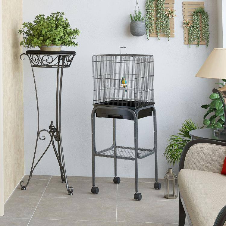 Alt View 2. PULUZ - 45-inch Metal Indoor Bird Cage, Parrot Cage, Bird Aviary with Detachable Rolling Stand, Storage Basket, and Accessories.