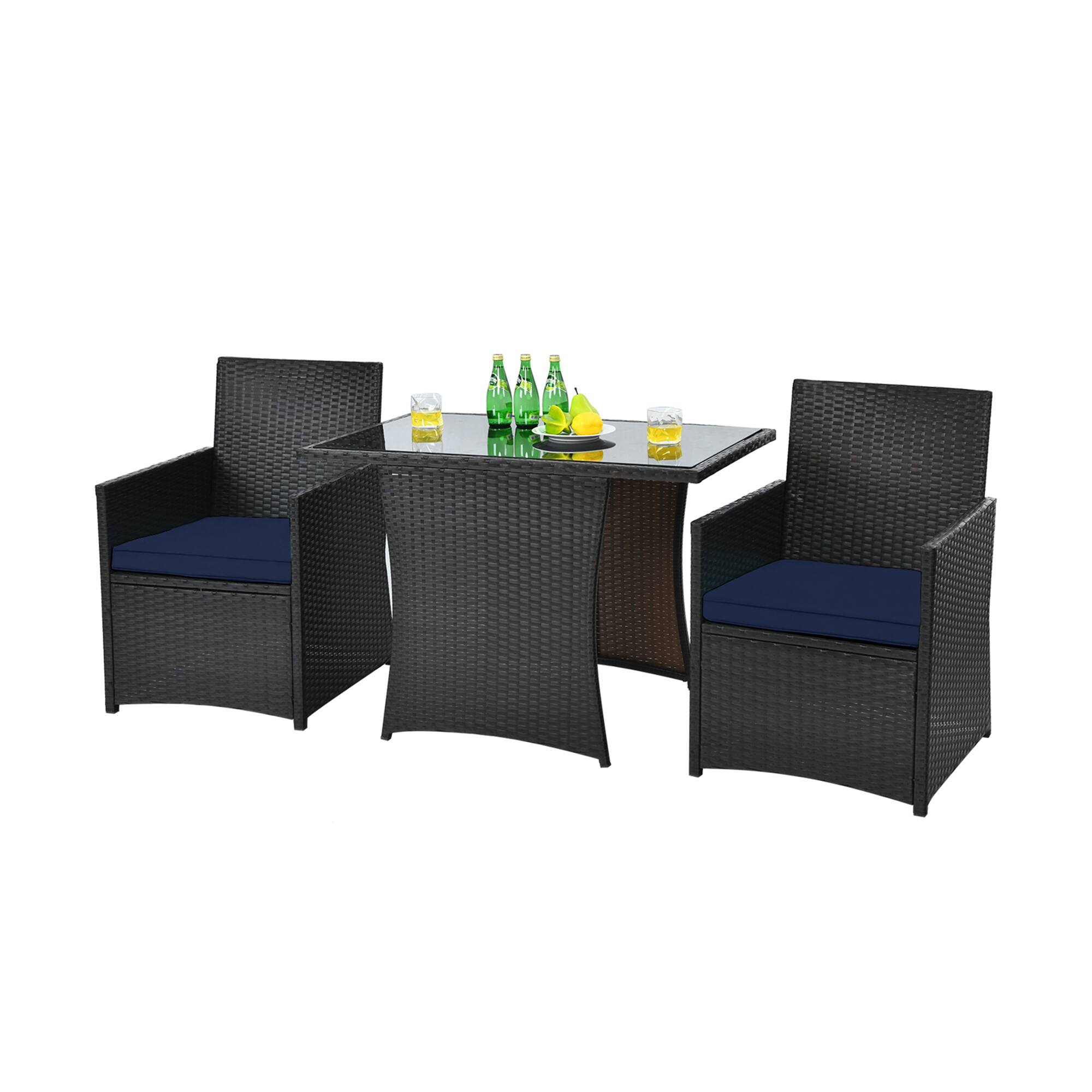 Alt View 1. Gymax - Gymax 3PCS Patio Wicker Bistro Set PE Rattan Dining Table Set w/ Navy Cushions - Navy.