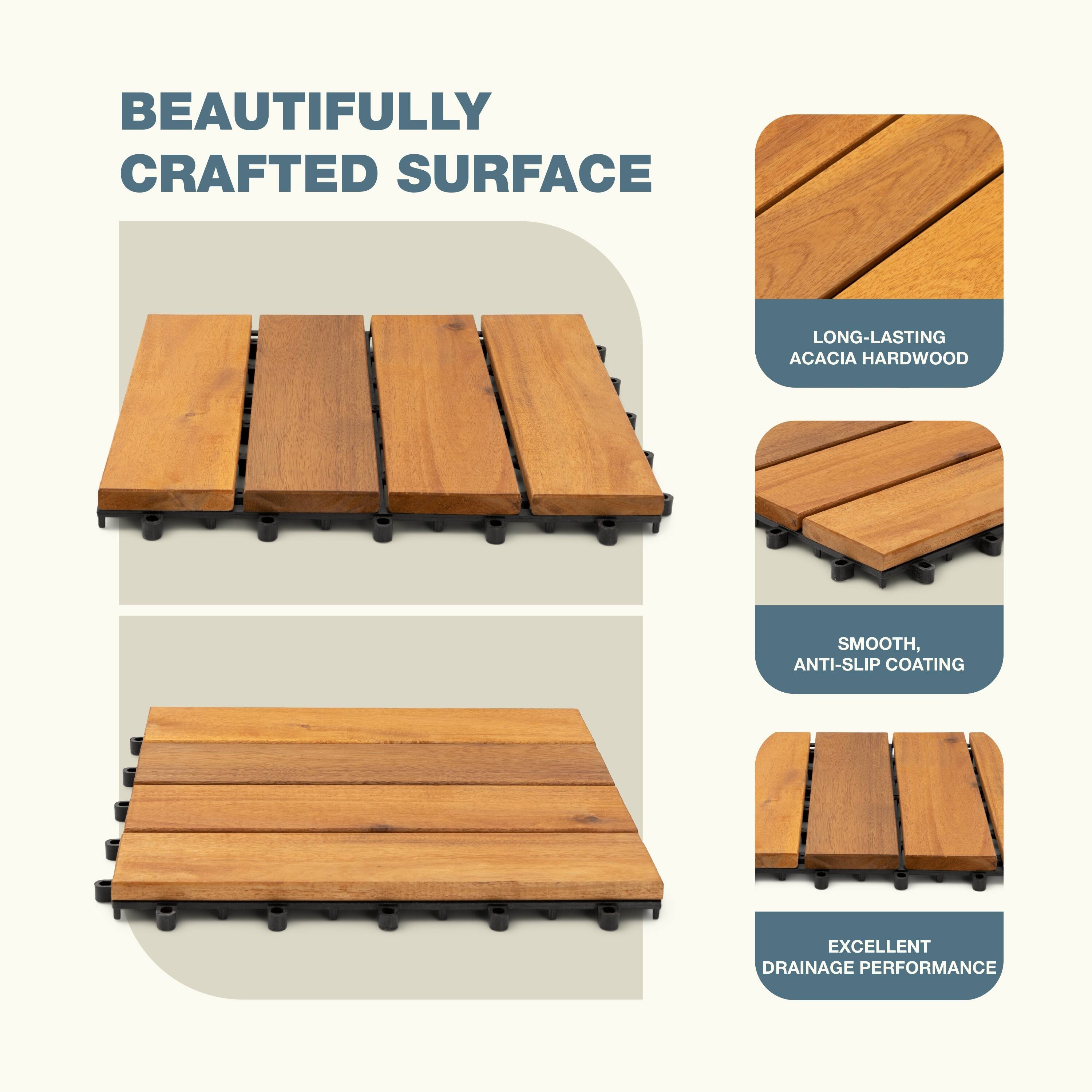 The text can be grouped and corrected as follows:

- **Beautifully Crafted Surface**
- **Long-Lasting Acacia Hardwood**
- **Smooth, Anti-Slip Coating**
- **Excellent Drainage Performance**