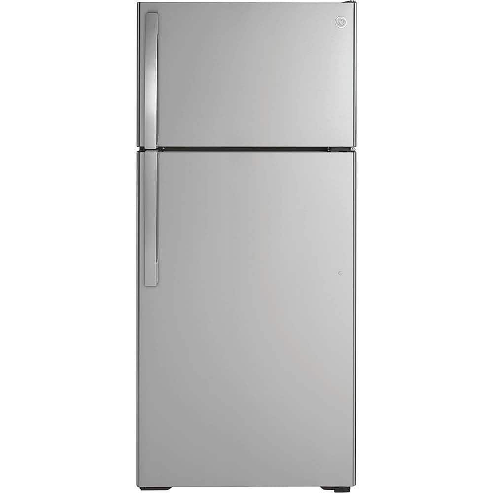 Front. GE - 16.6 Cu. Ft. Top-Freezer Refrigerator - Stainless Steel.