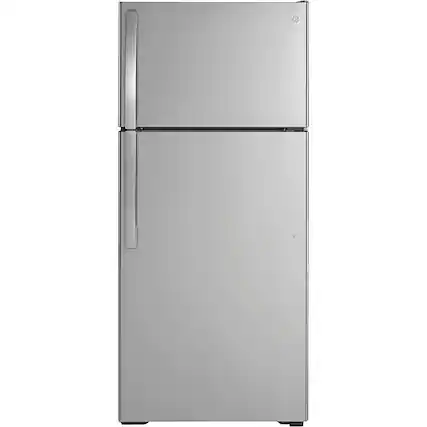 Front. GE - 16.6 Cu. Ft. Top-Freezer Refrigerator with Edge-to-Edge Glass Shelves - Stainless steel.