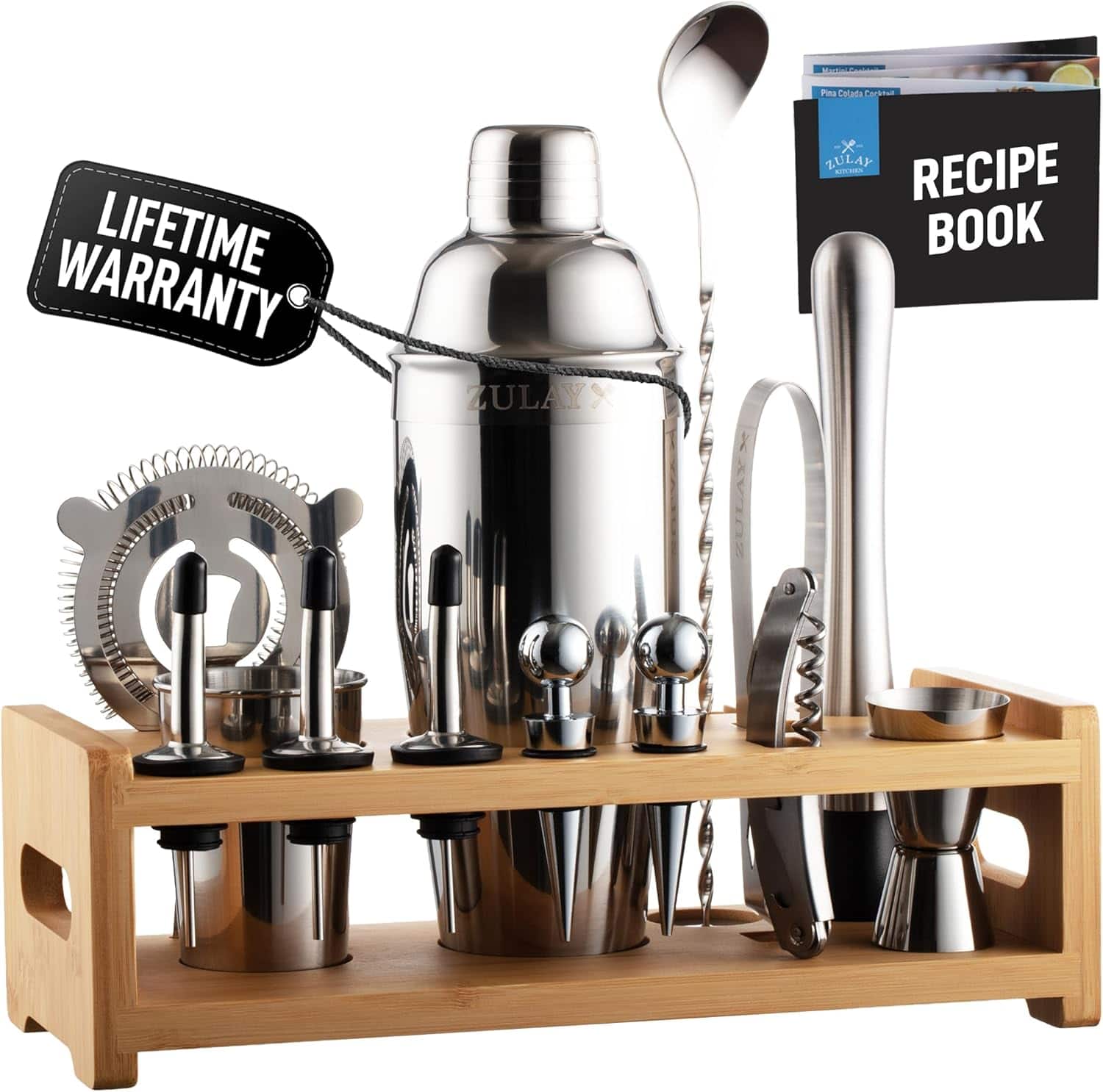 Zulay Kitchen - 24-Piece Bartender Kit - Stainless Steel Bar Set 24oz Cocktail Shaker Set with Accessories - Silver