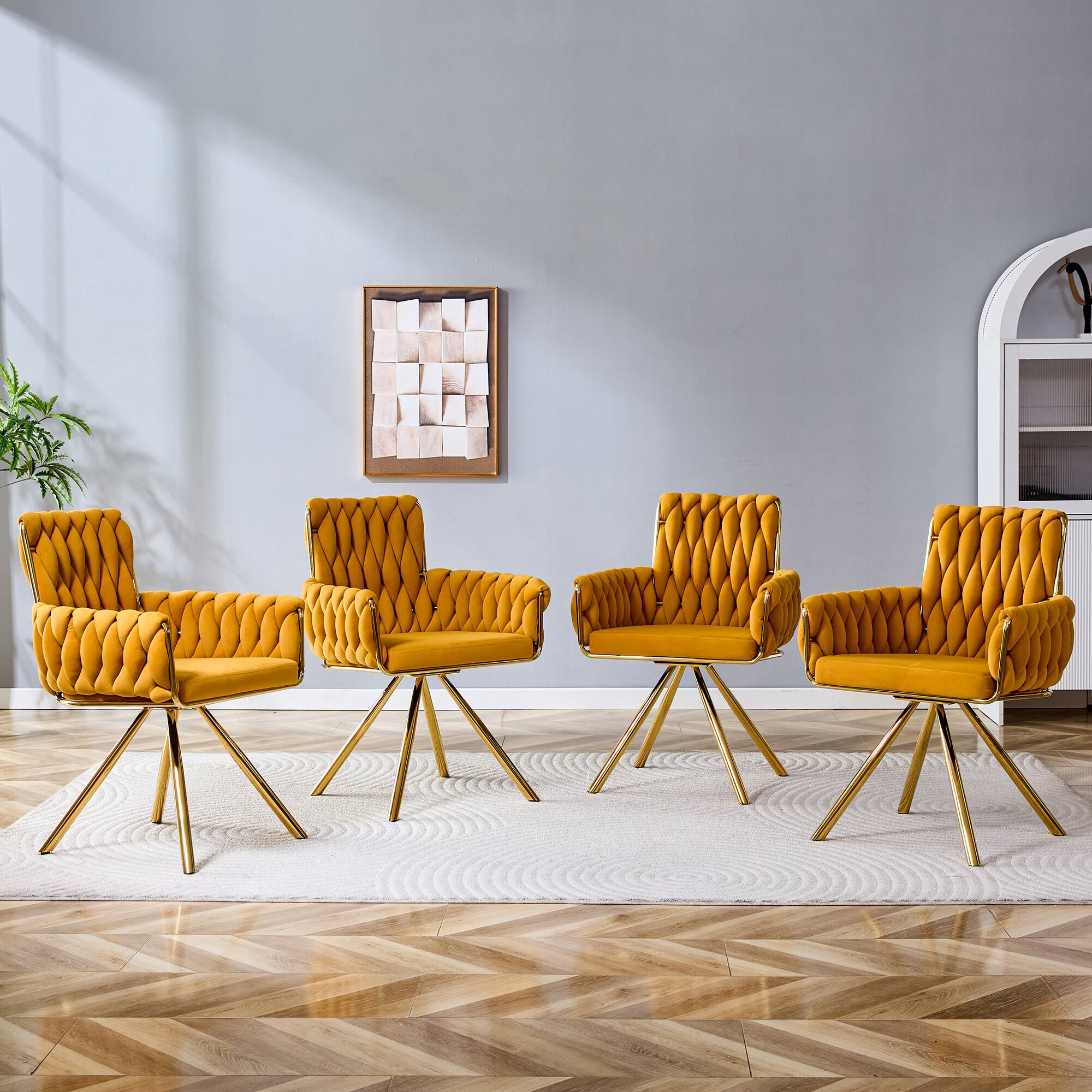 Alt View 1. Loheer - Loheer Velvet Dining Chairs Set of 2, Yellow Braided Upholstered Armchairs with Gold Legs, 2.08 ft, Dining Room - Gold,Yellow.