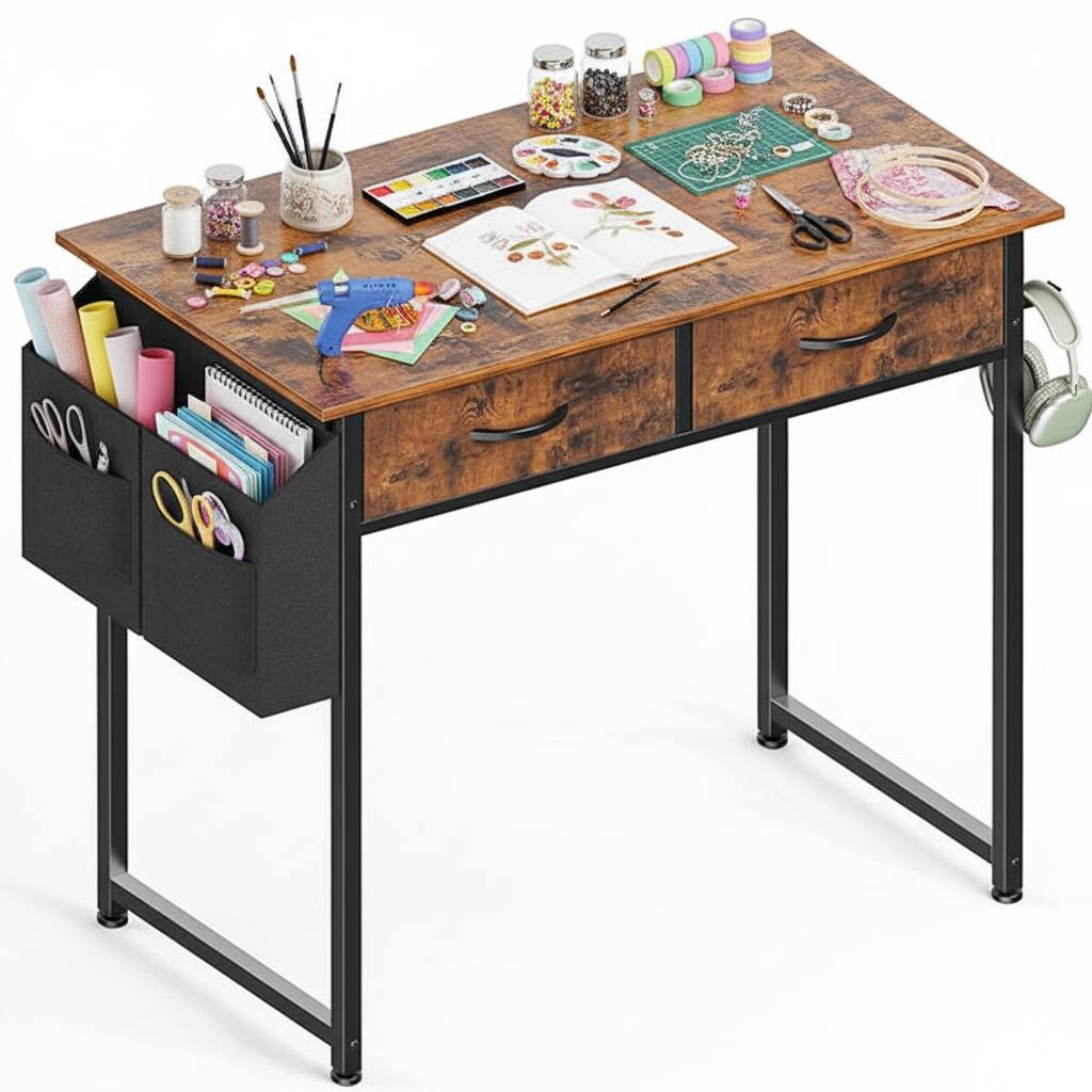 Alt View 6. AOITUN - 32 Inch Rustic Desk with Storage Bag & Hook, Small Computer Writing Table for Home Office, Dorm Room & Students. - brown.