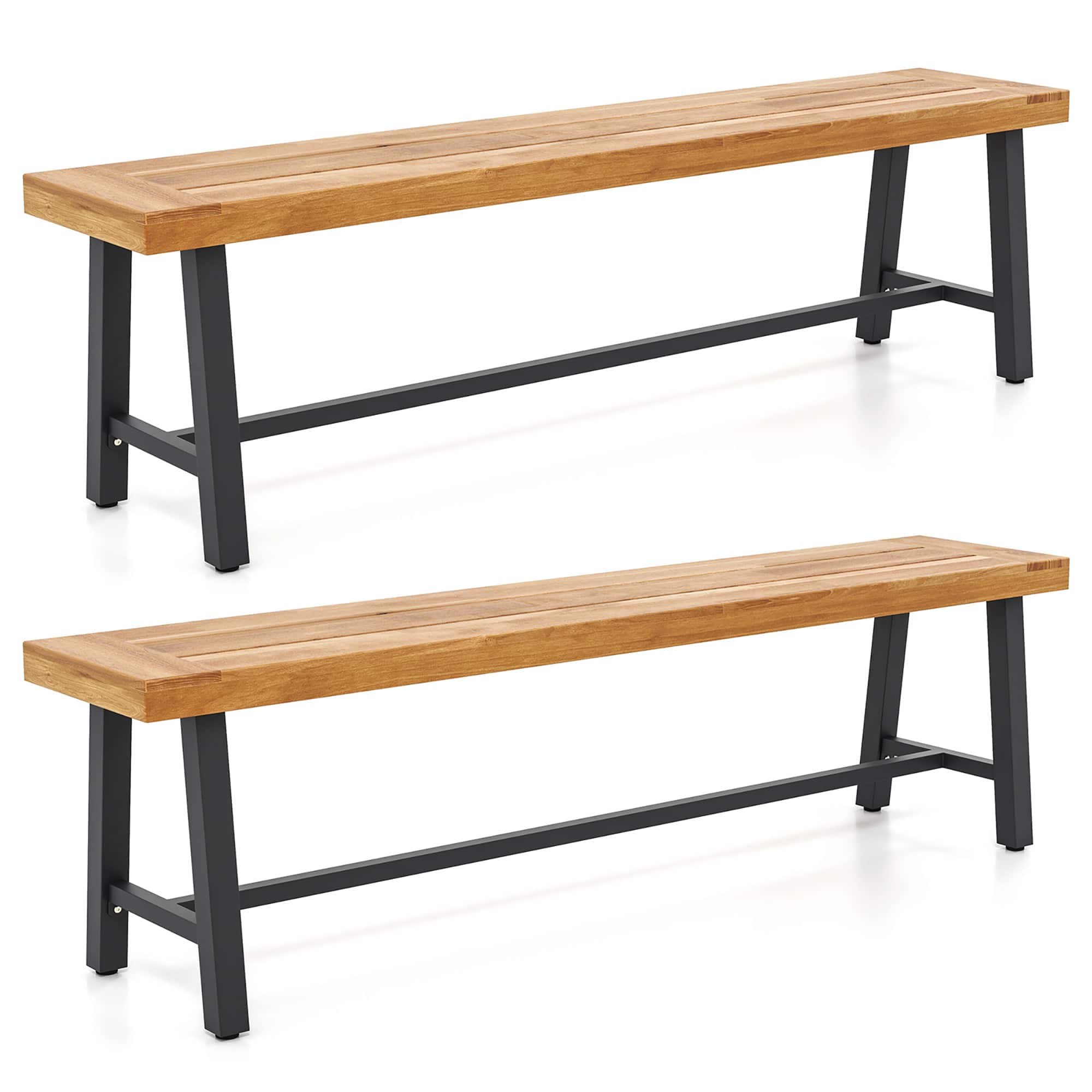 Gymax - 2PCS 63'' Long Outdoor Acacia Wood Bench Seats up to 3 Persons for Garden Porch - Natural, Black price history on PriceWatchPro