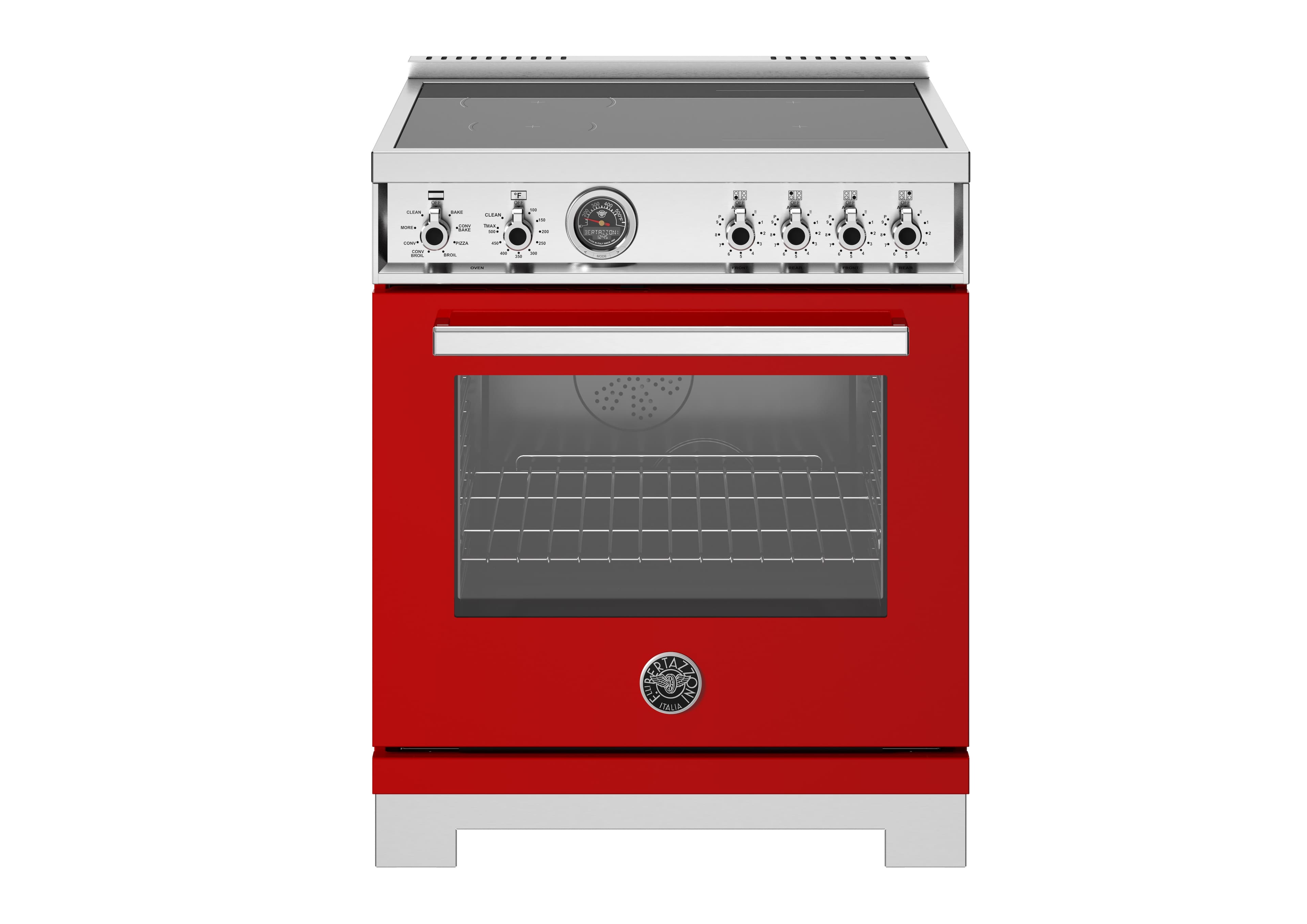 Front. Bertazzoni - 30" Professional Series range - Electric self clean oven - 4 induction zones - Red.