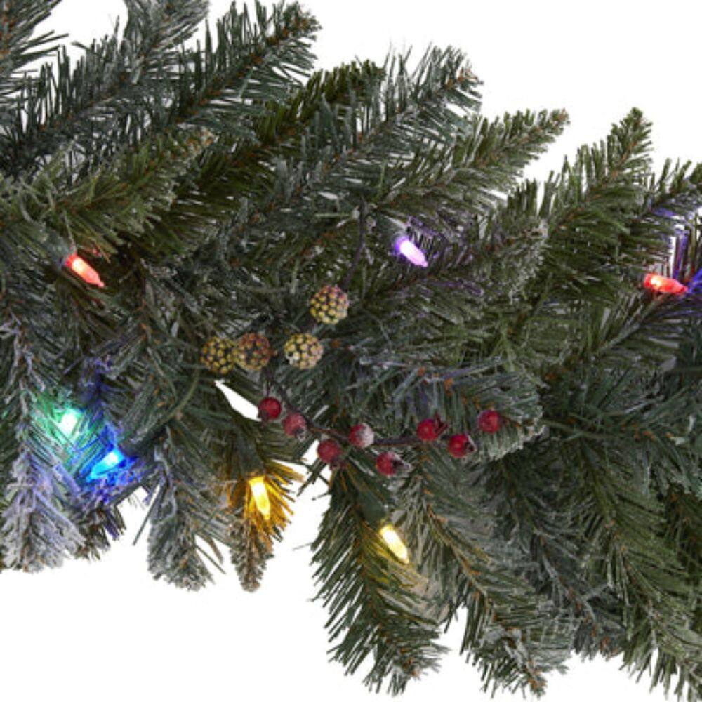 Left. BreeBe - 6' Flocked Garland, 130 TIPS, 50 Multi LED Lite & Berries - Green.
