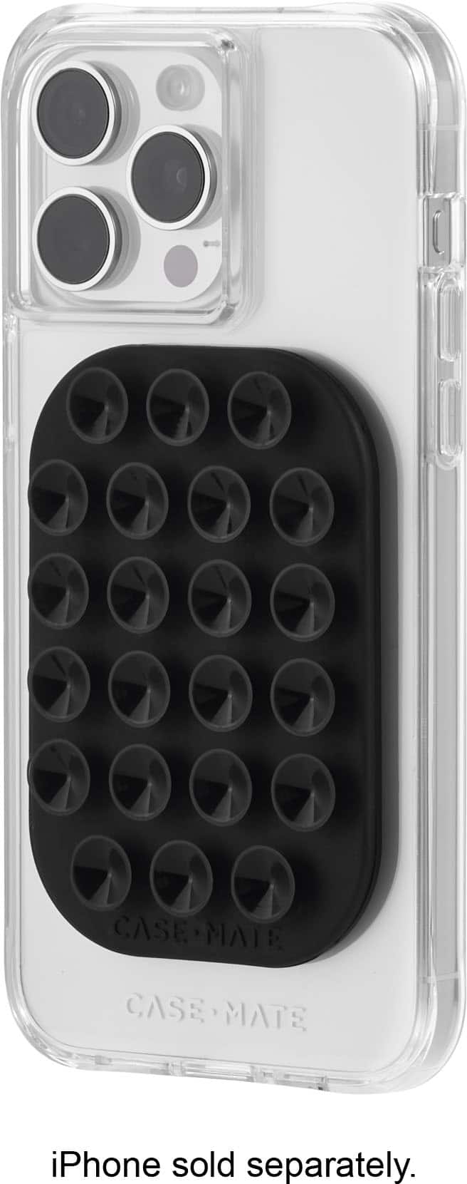 The image shows a clear case for an iPhone, which is sold separately. The case is designed to protect the phone from scratches and minor impacts. The case is made of clear plastic, allowing the user to see the phone's design and color through the case. The case is available in various sizes to fit different iPhone models.