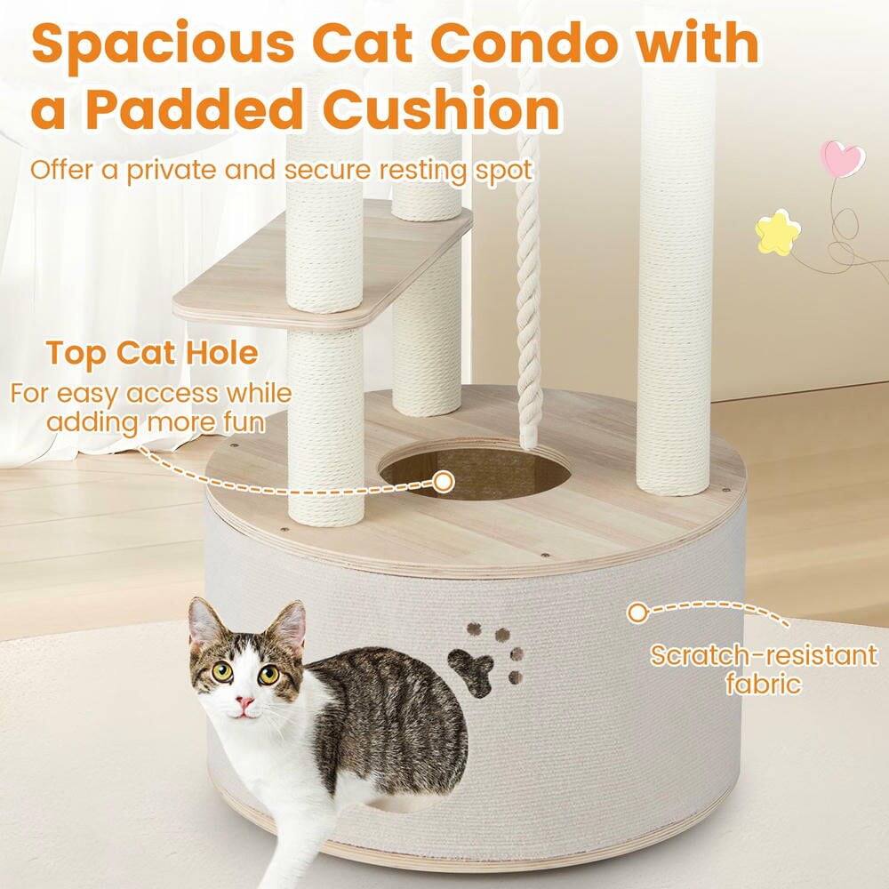 Spacious Cat Condo with a Padded Cushion  
Offer a private and secure resting spot  

Top Cat Hole  
For easy access while adding more fun  

Scratch-resistant fabric