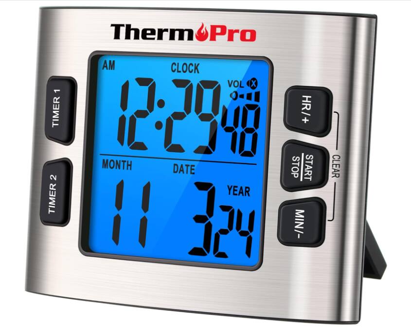 Therm Pro
CLOCK
12:29:48 AM
VOL
MONTH 11
DATE 7
YEAR 24
TIMER 1
TIMER 2
HR/+
MIN/-
STOP
START
CLEAR
