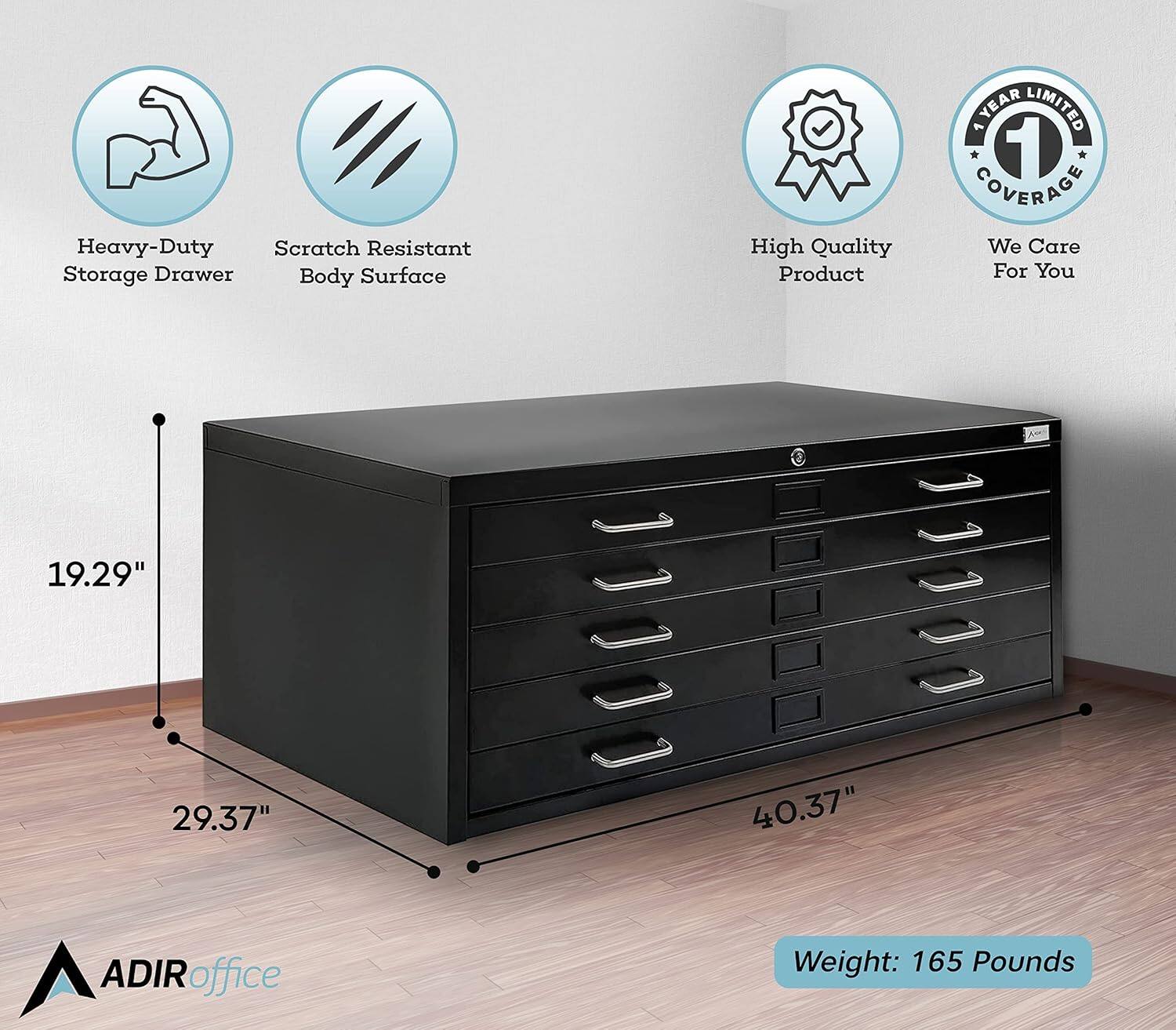 Heavy-Duty Storage Drawer, Scratch Resistant Body Surface, High Quality Product, 1 Year Limited Coverage, We Care For You, 19.29", 29.37", 40.37", ADIRoffice, Weight: 165 Pounds