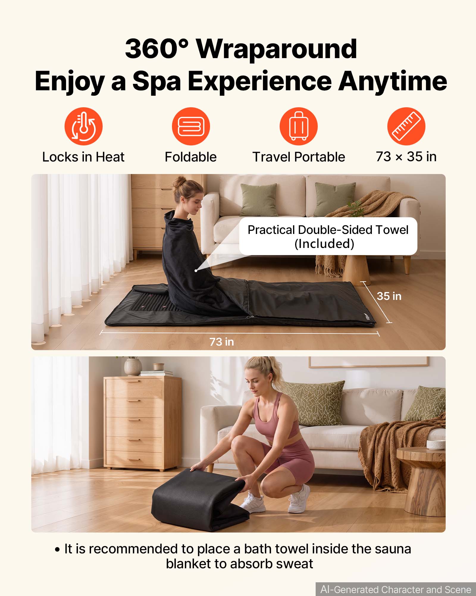 360° Wraparound  
Enjoy a Spa Experience Anytime

- Locks in Heat
- Foldable
- Travel Portable
- 73 x 35 in

Practical Double-Sided Towel (Included)

73 in  
35 in

- It is recommended to place a bath towel inside the sauna blanket to absorb sweat

AI-Generated Character and Scene