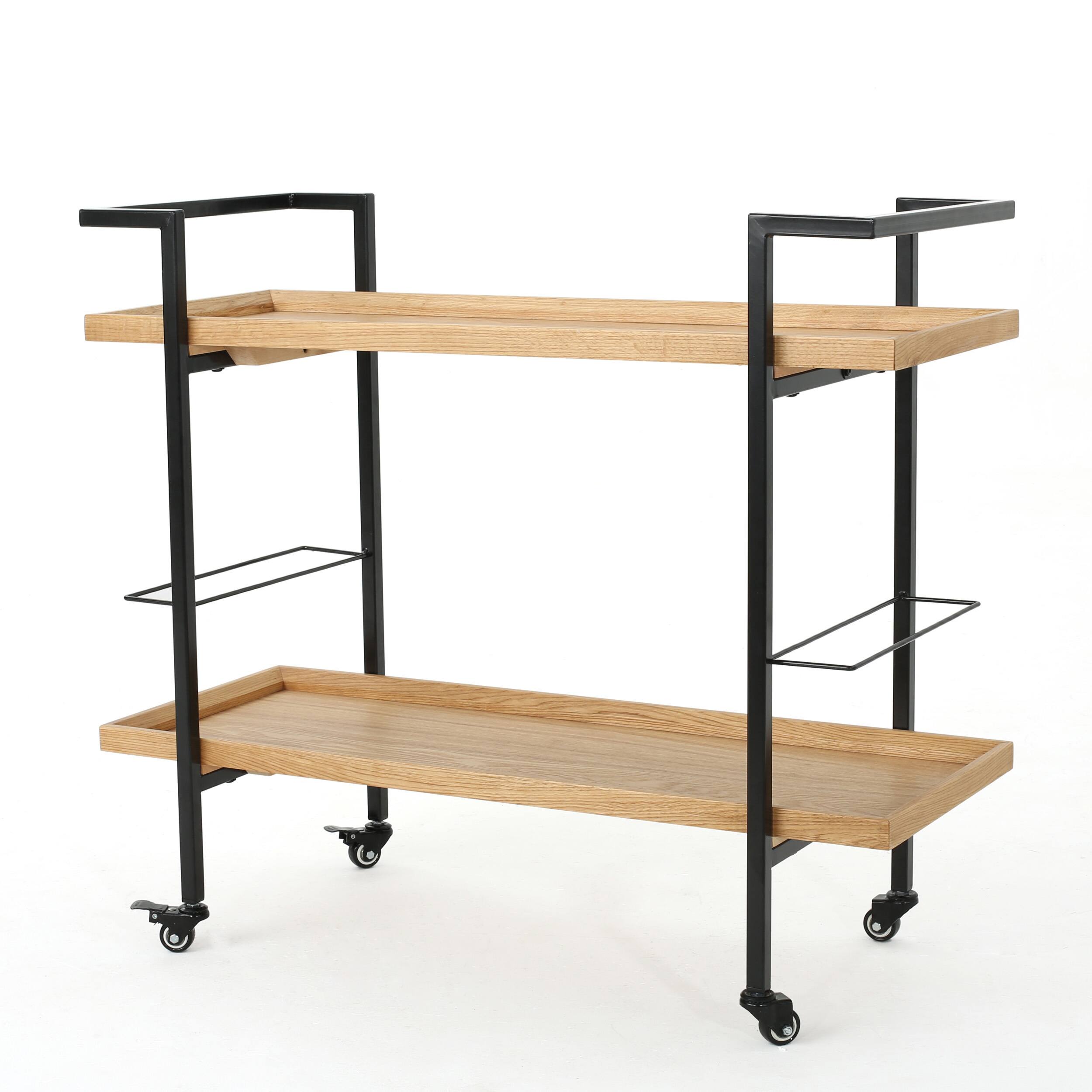 Front. Spaco - Spaco Modern Industrial Bar Cart, Wood Look Powder Coat, 2-Tier Shelves, Locking Casters, Wine Bottle Holder - Walnut.
