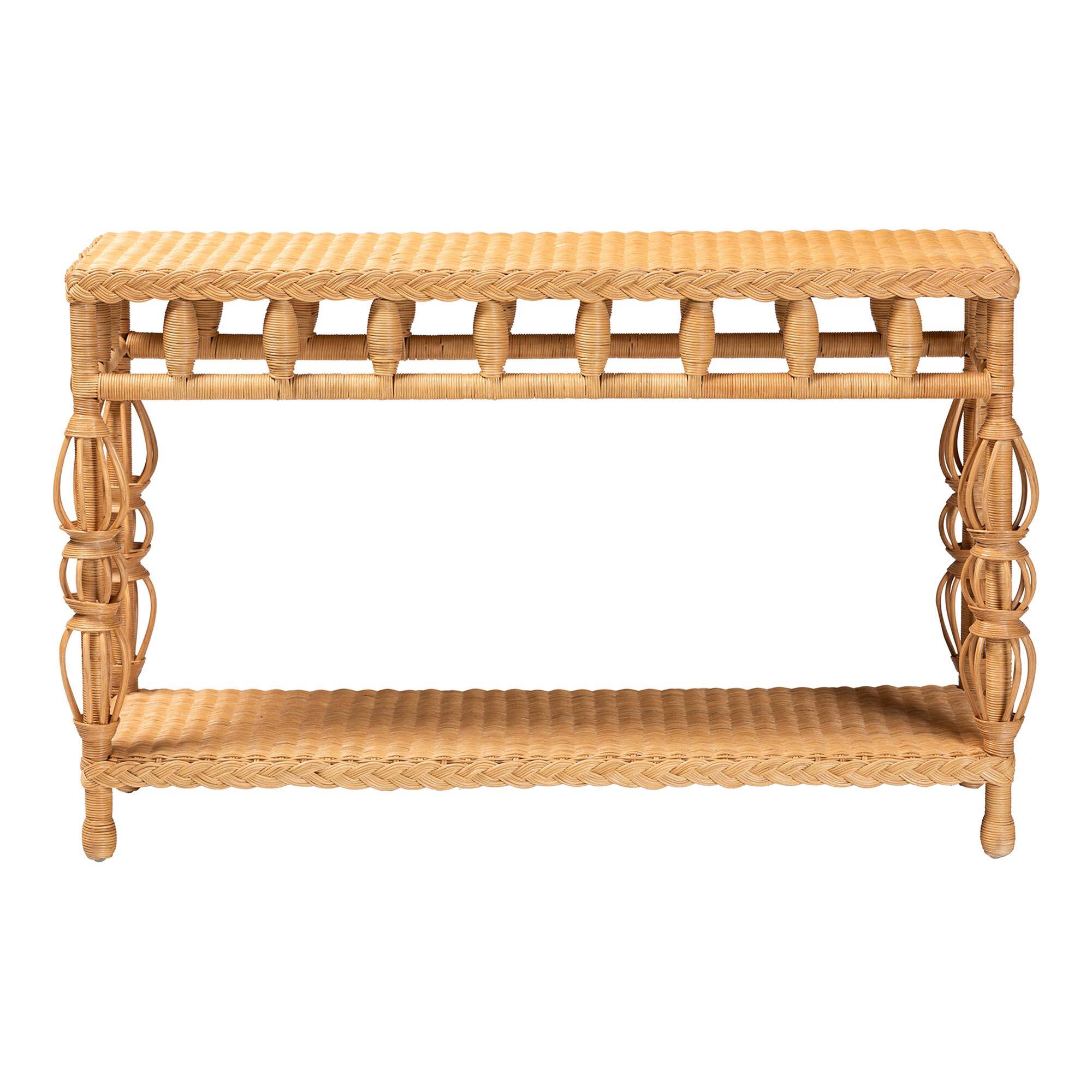Angle. bali & pari - Dolby Natural Rattan Console Table - Handwoven Wicker Accent Table with Openwork Design and Lower Shelf - Light Honey.