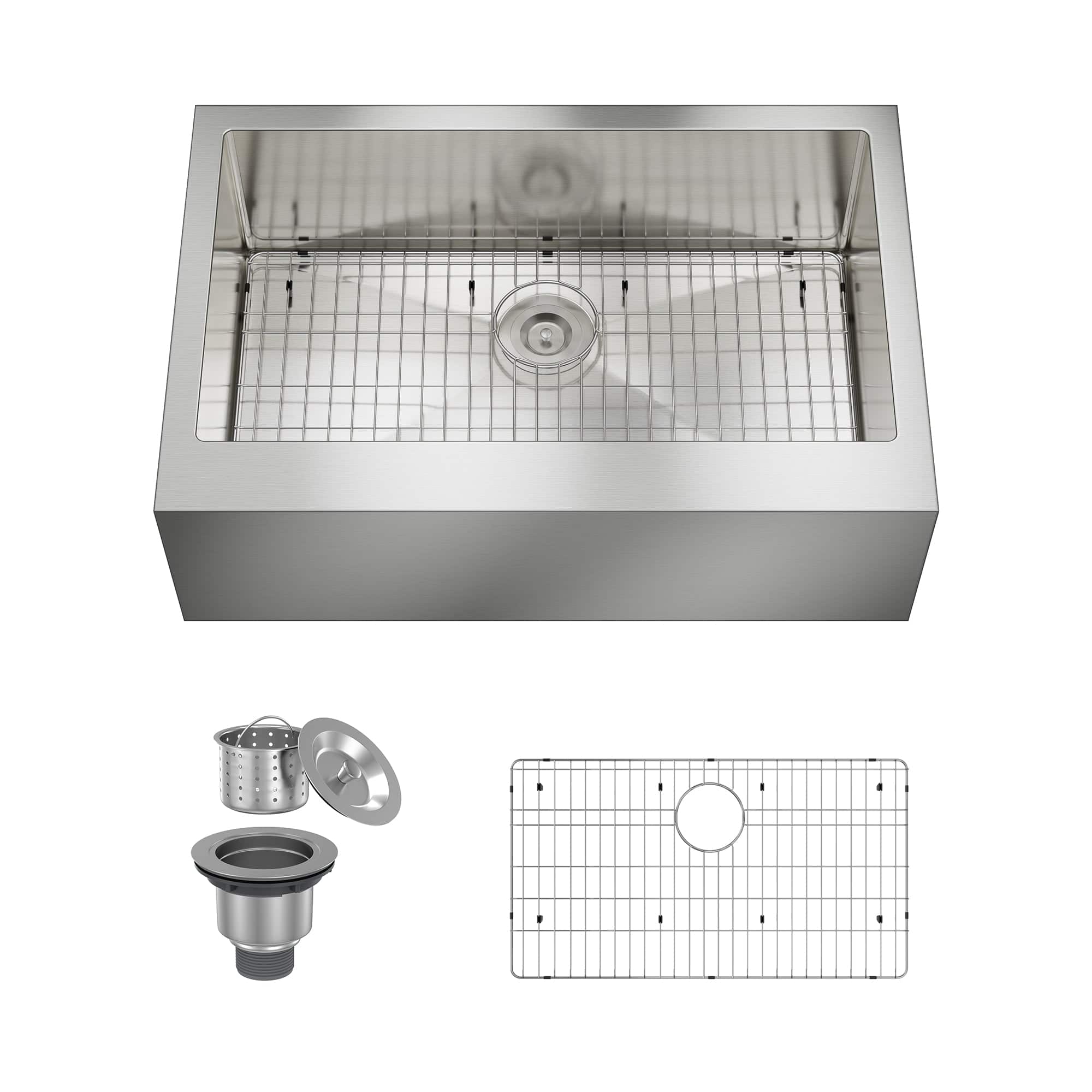 Front. Boyel Living - 33 in. Farmhouse Apron-Front Single Bowl 18-Gauge Silver Stainless Steel Kitchen Sink with Bottom Grid, Strainer Basket - Silver.