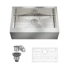 Boyel Living - 33 in. Farmhouse Apron-Front Single Bowl 18-Gauge Stainless Steel Kitchen Sink with Bottom Grid, Strainer Basket - Silver