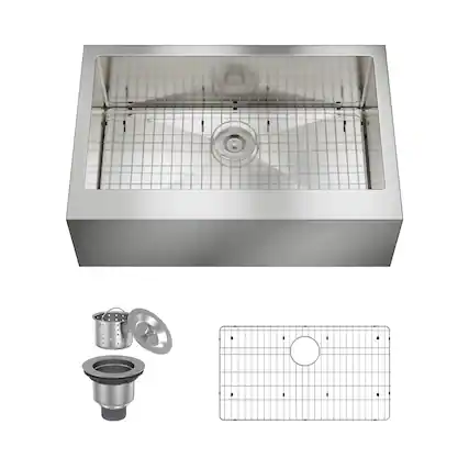 Front. Boyel Living - 33 in. Farmhouse Apron-Front Single Bowl 18-Gauge Silver Stainless Steel Kitchen Sink with Bottom Grid, Strainer Basket - Silver.