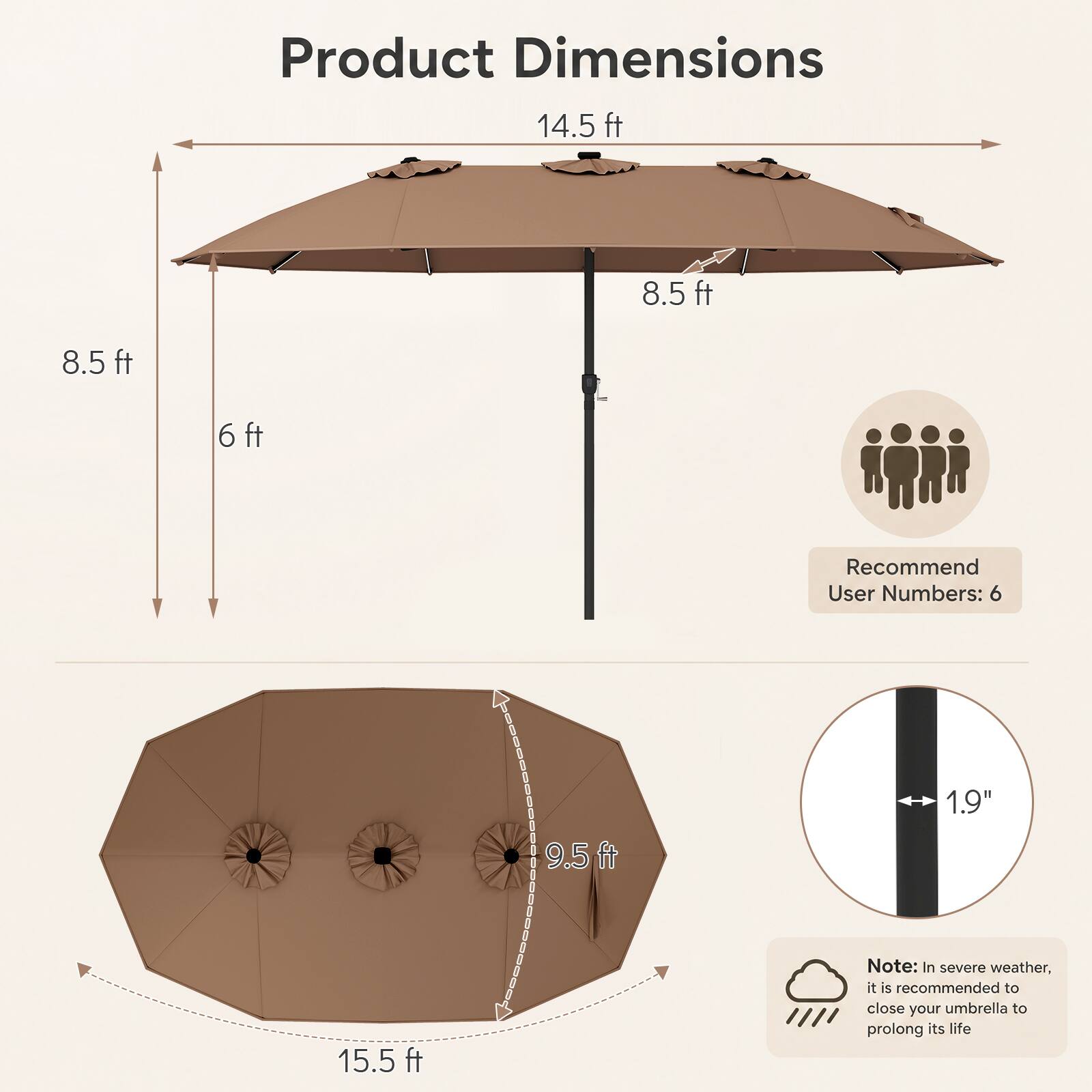 Product Dimensions  
14.5 ft  
8.5 ft  
8.5 ft  
6 ft  
9.5 ft  
15.5 ft  

Recommend User Numbers: 6  

1.9"  

Note: In severe weather, it is recommended to close your umbrella to prolong its life