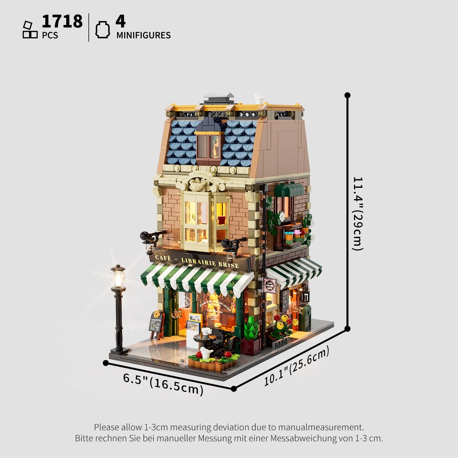 1718 PCS 4 MINIFIGURES  
CAFE LIBRAIRIE BRISE  
11.4" (29cm) 6.5" (16.5cm) 10.1" (25.6cm)  
Please allow 1-3cm measuring deviation due to manual measurement.  
Bitte rechnen Sie bei manueller Messung mit einer Messabweichung von 1-3 cm.