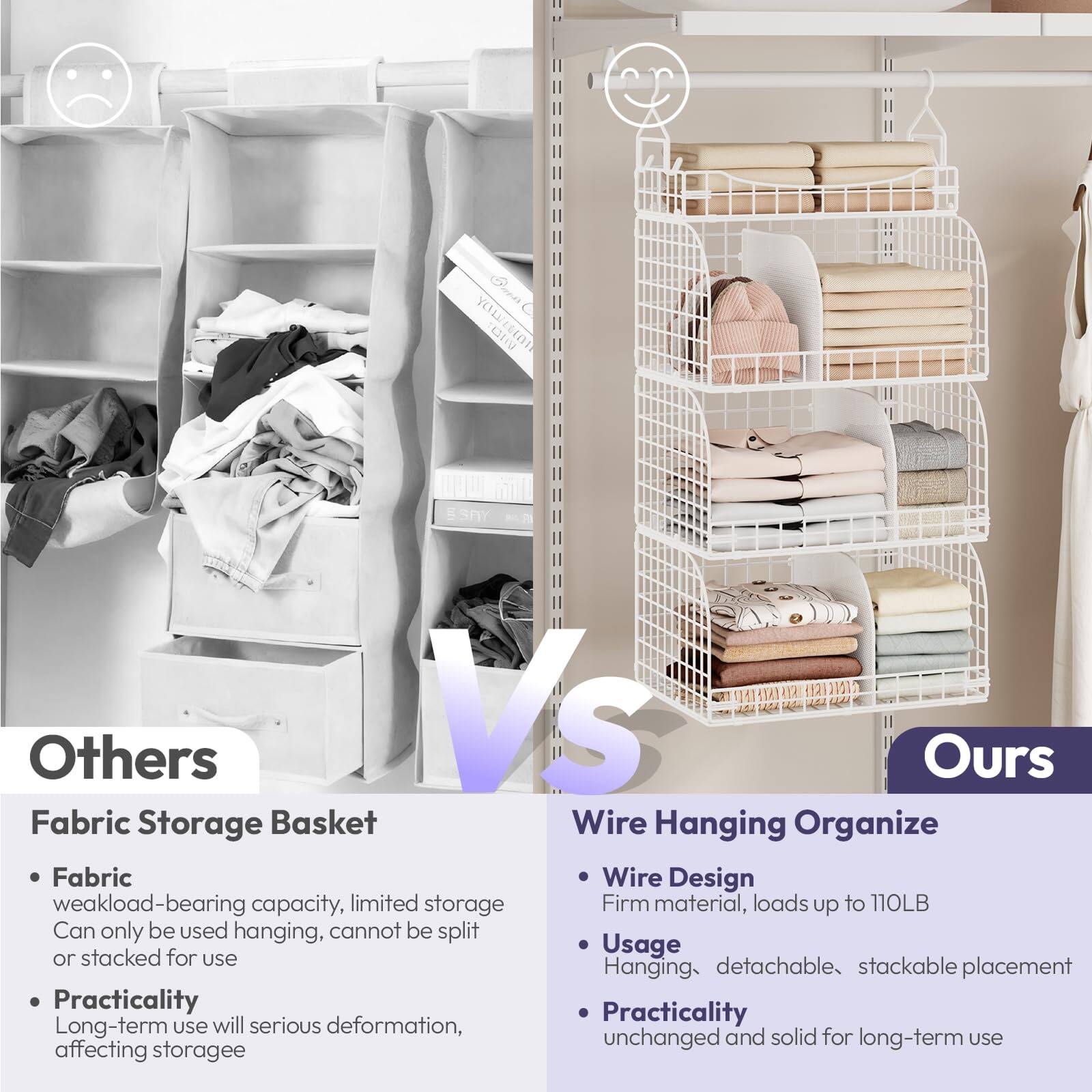 **Others: Fabric Storage Basket**

- **Fabric**
  - Weak load-bearing capacity, limited storage
  - Can only be used hanging, cannot be split or stacked for use

- **Practicality**
  - Long-term use will serious deformation, affecting storage

**Ours: Wire Hanging Organize**

- **Wire Design**
  - Firm material, loads up to 110LB

- **Usage**
  - Hanging, detachable, stackable placement

- **Practicality**
  - Unchanged and solid for long-term use