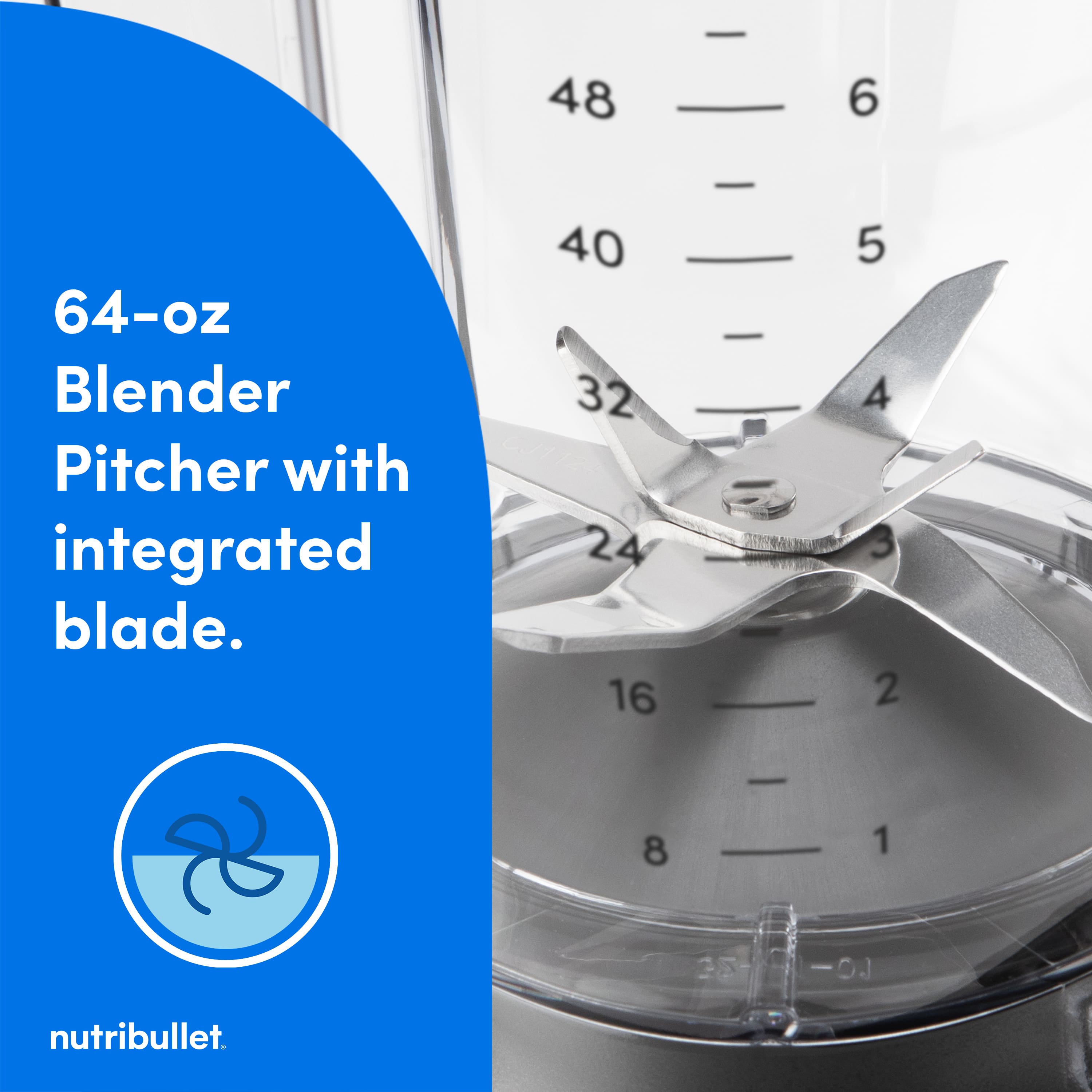 48-64 oz Blender Pitcher with integrated blade. 40-32 cup capacity. 24-16 oz cup size. 5-4-3-2-8-1-35 oz NutriBullet.