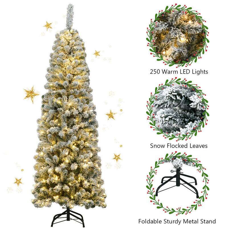 250 Warm LED Lights  
Snow Flocked Leaves  
Foldable Sturdy Metal Stand