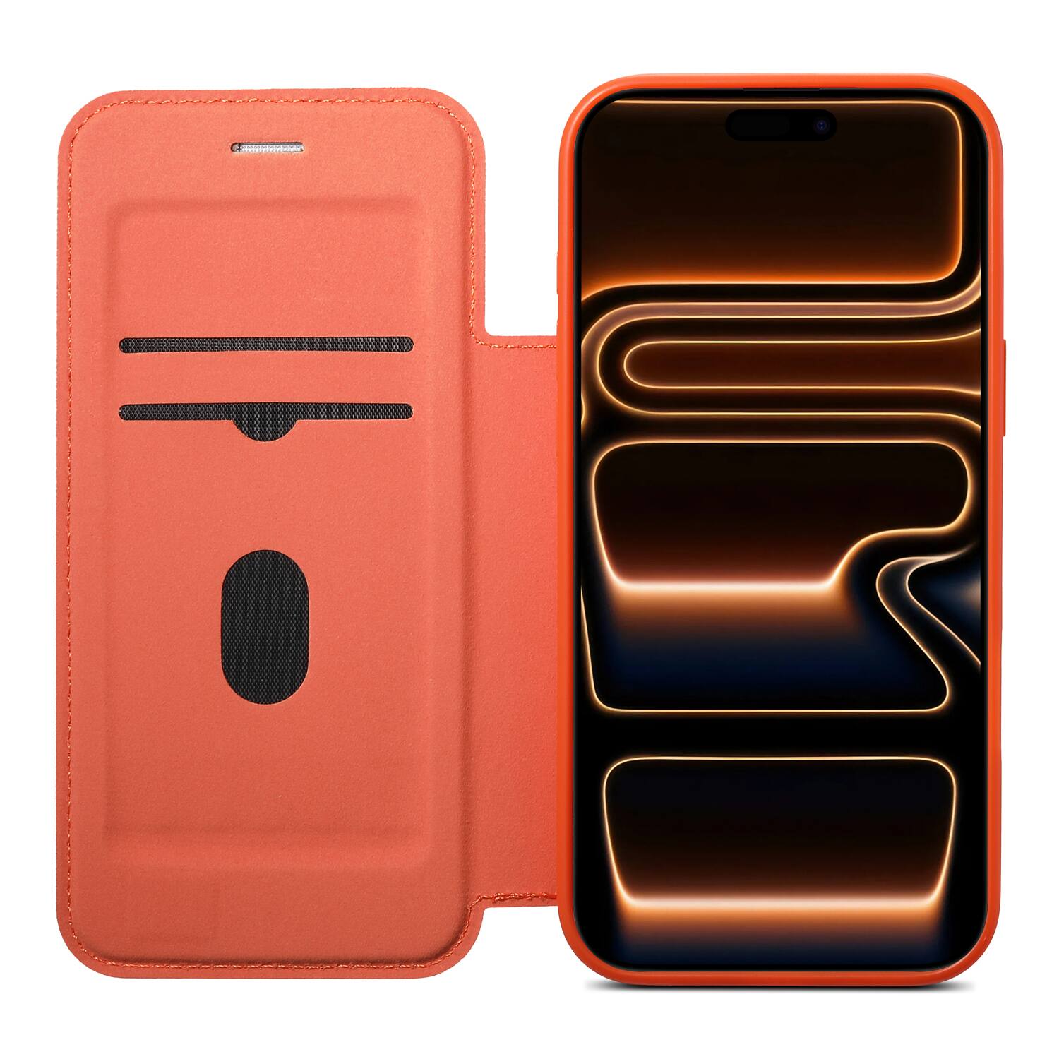 Angle. Dteck - Ultra-Thin Faux Leather Card Slot Case for Apple iPhone 17 Pro Max,Wireless Charging,Flip Card Pocket Phone Cover - Orange.