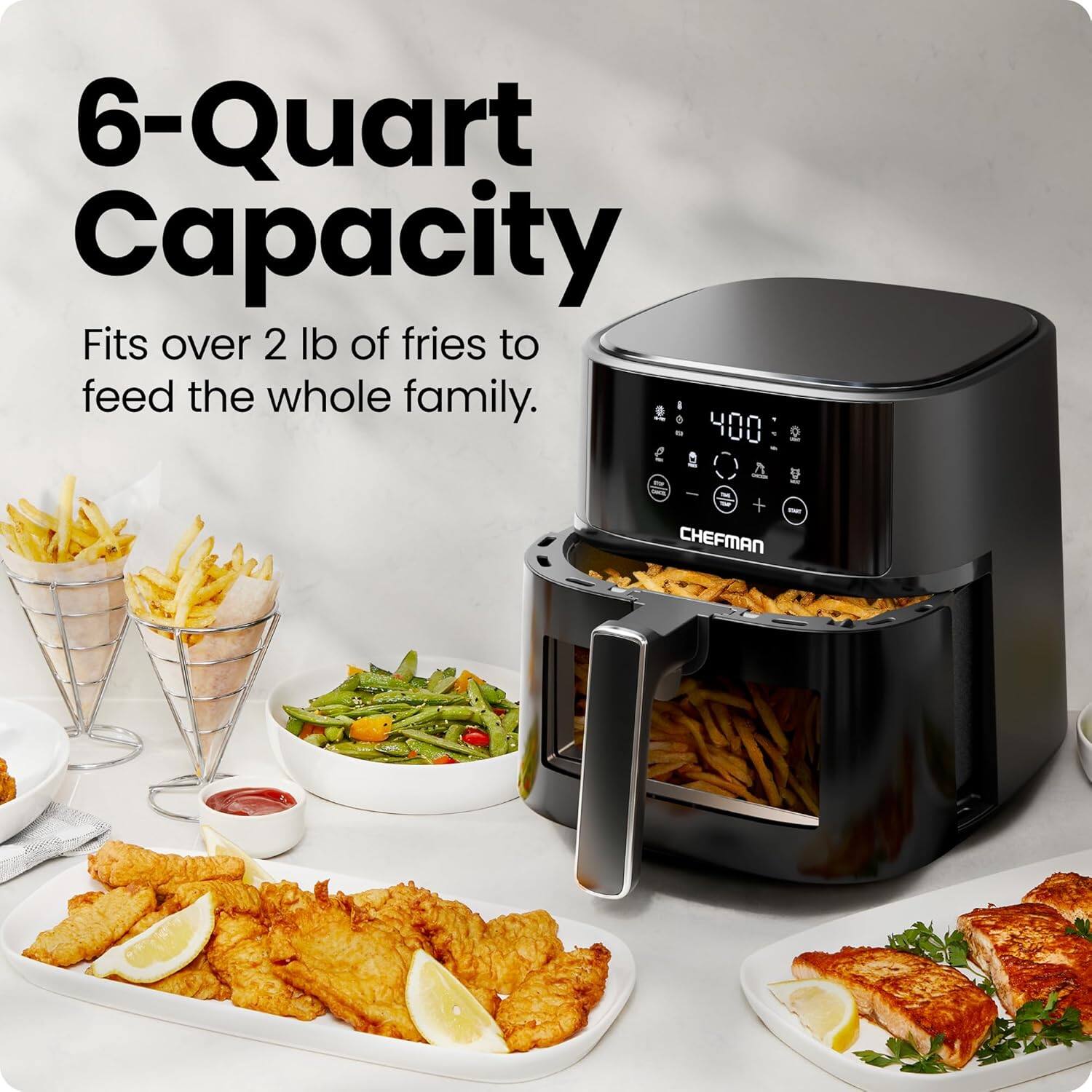 6-Quart Capacity  
Fits over 2 lb of fries to feed the whole family.  

CHEFMAN