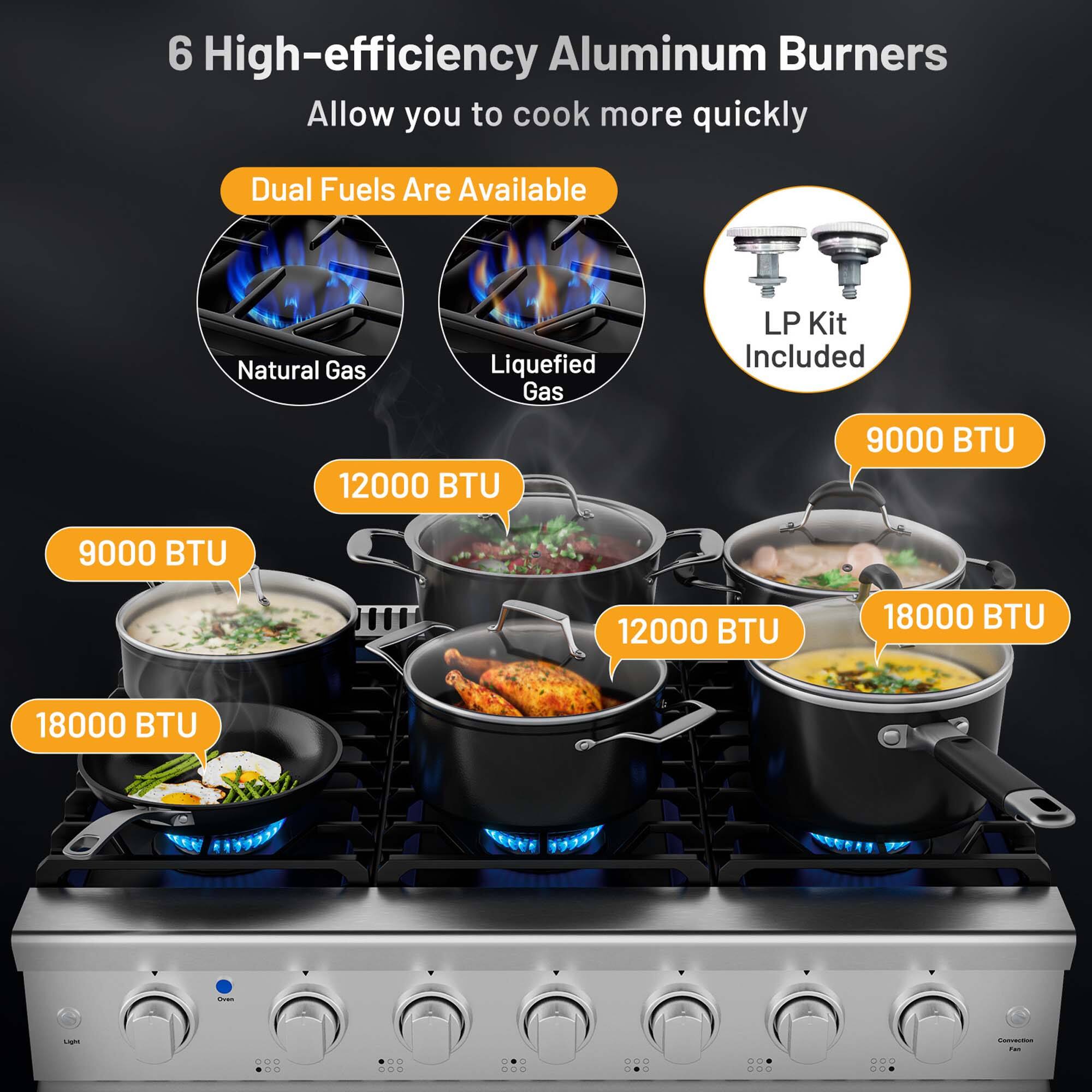 6 High-efficiency Aluminum Burners
Allow you to cook more quickly
Dual Fuels Are Available
Natural Gas
Liquefied Gas
LP Kit Included
9000 BTU
12000 BTU
18000 BTU
12000 BTU
18000 BTU