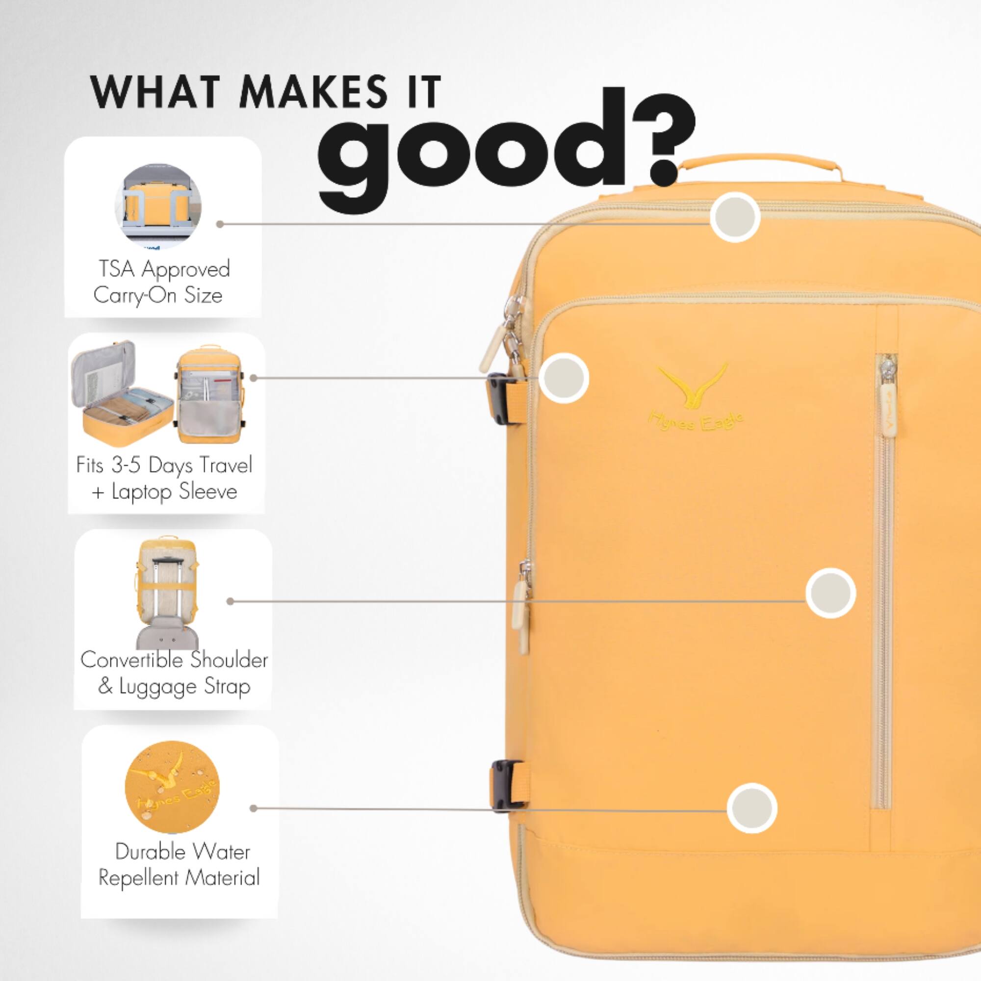 WHAT MAKES IT good?
TSA Approved Carry-On Size
Fits 3-5 Days Travel + Laptop Sleeve
Convertible Shoulder & Luggage Strap
Durable Water Repellent Material