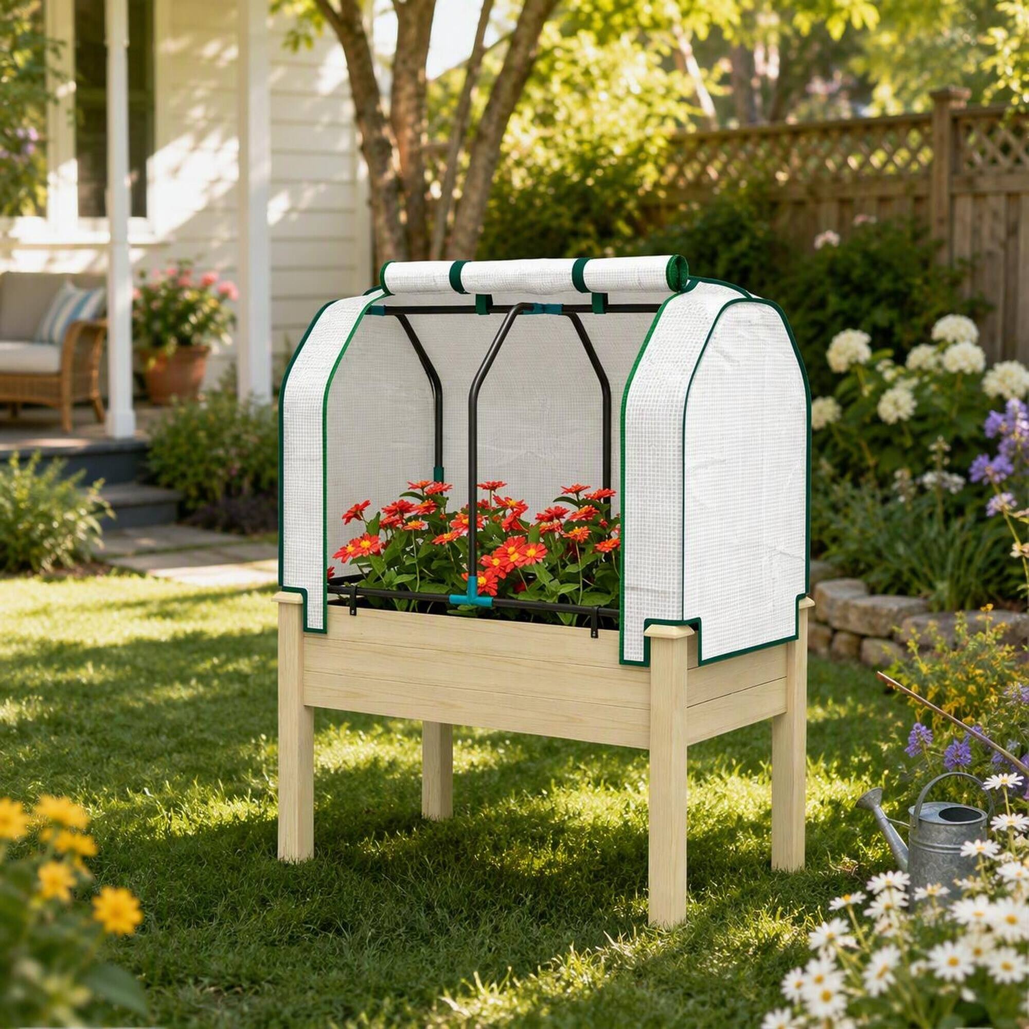 Alt View 2. RYHNUYNE - Compact Outdoor Raised Garden Bed with Fir Wood and Steel Frame, Breathable Fabric Planter Box with Roll-Up PE - Natural Wood.
