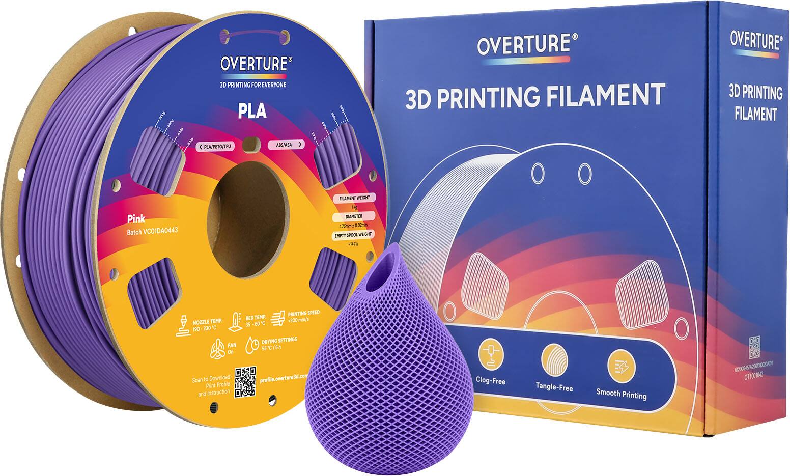 OVERTURE 3D PRINTING FOR EVERYONE  
PLA OVERTURE 3D PRINTING FILAMENT  
OVERTURE 3D PRINTING FILAMENT PLA/PETG/TPU ABS/ASA  

Pink  
Batch VC01DA0443  

FILAMENT WEIGHT: 1kg  
DIAMETER: 1.75mm ± 0.02mm  
EMPTY SPOOL WEIGHT: 142g  

NOZZLE TEMP: 190-230°C  
BED TEMP: 60°C  
FAN: On  

PRINTING SPEED: 300 mm/s  

DRYING SETTINGS: 55°C/6h  

Scan to Download Print Profile and Instruction  
profile.overture3d.com  

Clog-Free  
Tangle-Free  
Smooth Printing  

OT1001043