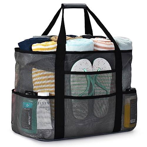 Front. Fabibe - Mesh Beach Bag Extra Large Waterproof Sandproof Tote Pool Swim Travel Vacation shoes zipper weekend - Black Grey.