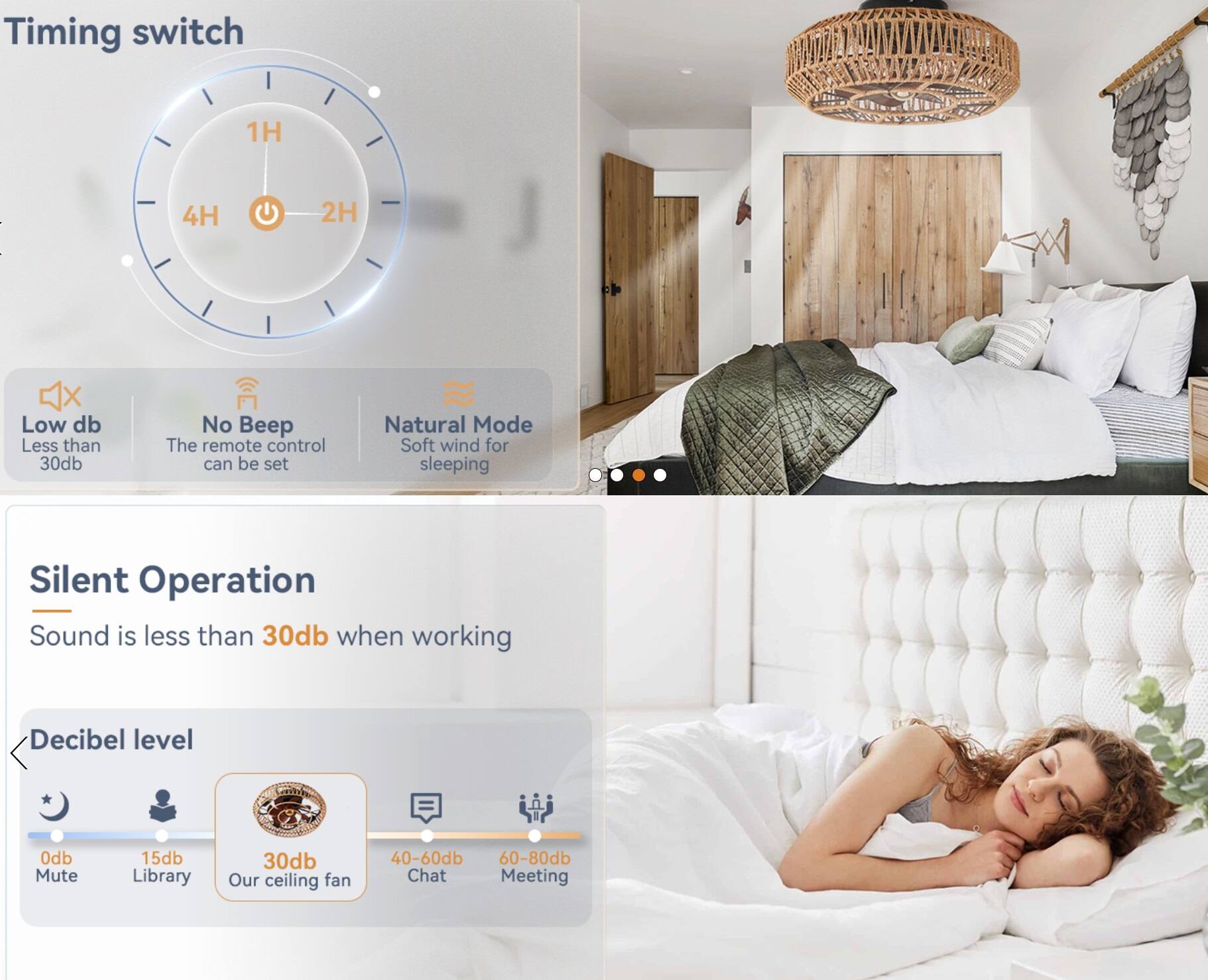 **Timing switch**  
1H 4H 2H

**Low db**  
Less than 30db

**No Beep**  
The remote control can be set

**Natural Mode**  
Soft wind for sleeping

**Silent Operation**  
Sound is less than 30db when working

**Decibel level**  
0db Mute  
15db Library  
30db Our ceiling fan  
40-60db Chat  
60-80db Meeting