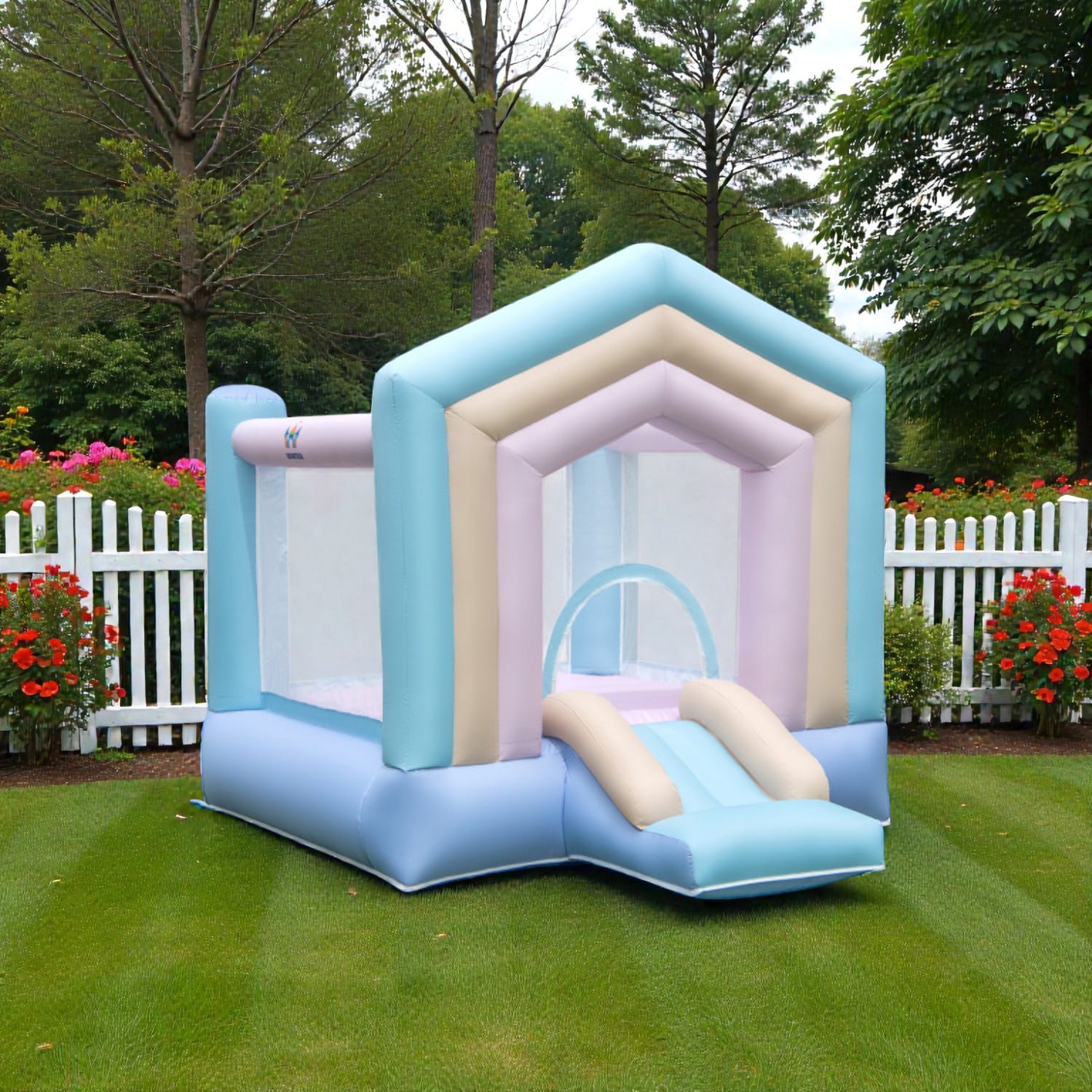 BreeBe - Fun Kids Bounce Castle with Slide and Basketball Hoop, 480W Electric Blower - Macaron