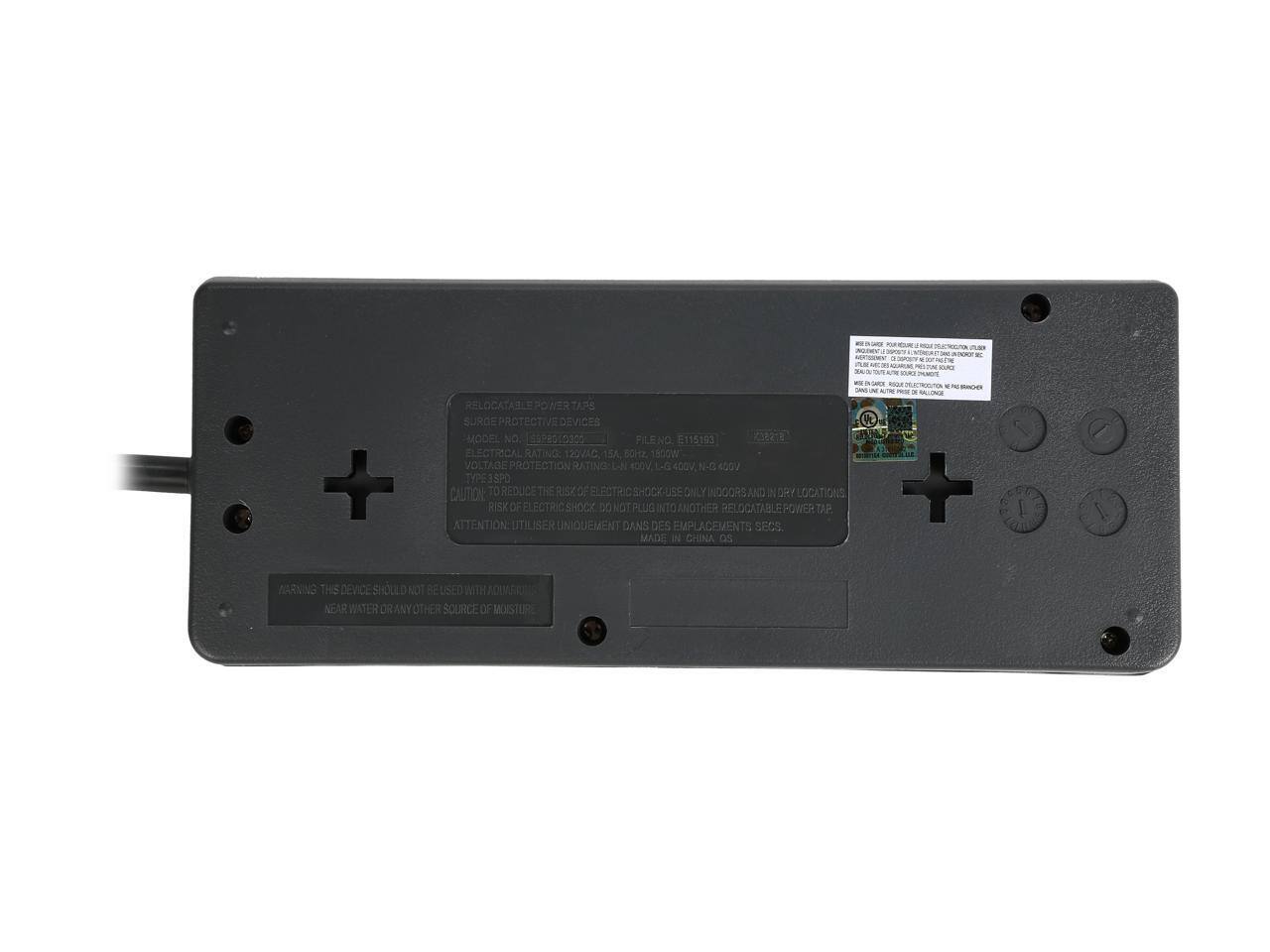 RELOCATABLE POWER TAPS  
SURGE PROTECT DEVICES  

MODEL NO. 53Pe510350  
FILE NO. 6115193  

ELECTRICAL RATING: 120VAC, 15A, 60Hz, 1800W  
VOLTAGE PROTECTION RATING: L-N 400V, N-G 400V  

TYPE: SPO  

CAUTION: TO REDUCE THE RISK OF ELECTRIC SHOCK, USE ONLY INDOORS AND IN DRY LOCATIONS. DO NOT PLUG INTO ANOTHER RELOCATABLE POWER TAP.  

ATTENTION: UTILISER UNIQUEMENT DANS DES EMPLACEMENTS SÉCS. NE PAS BRANCHER SUR UN AUTRE TAP DÉPLACABLE.  

WARNING: THIS DEVICE SHOULD NOT BE USED WITH ANYTHING NEAR WATER OR ANY OTHER SOURCE OF MOISTURE.  

MADE IN CHINA  

WARNING: THIS DEVICE SHOULD NOT BE USED WITH ANYTHING NEAR WATER OR ANY OTHER SOURCE OF MOISTURE.  

CAUTION: TO REDUCE THE RISK OF ELECTRIC SHOCK, USE ONLY INDOORS AND