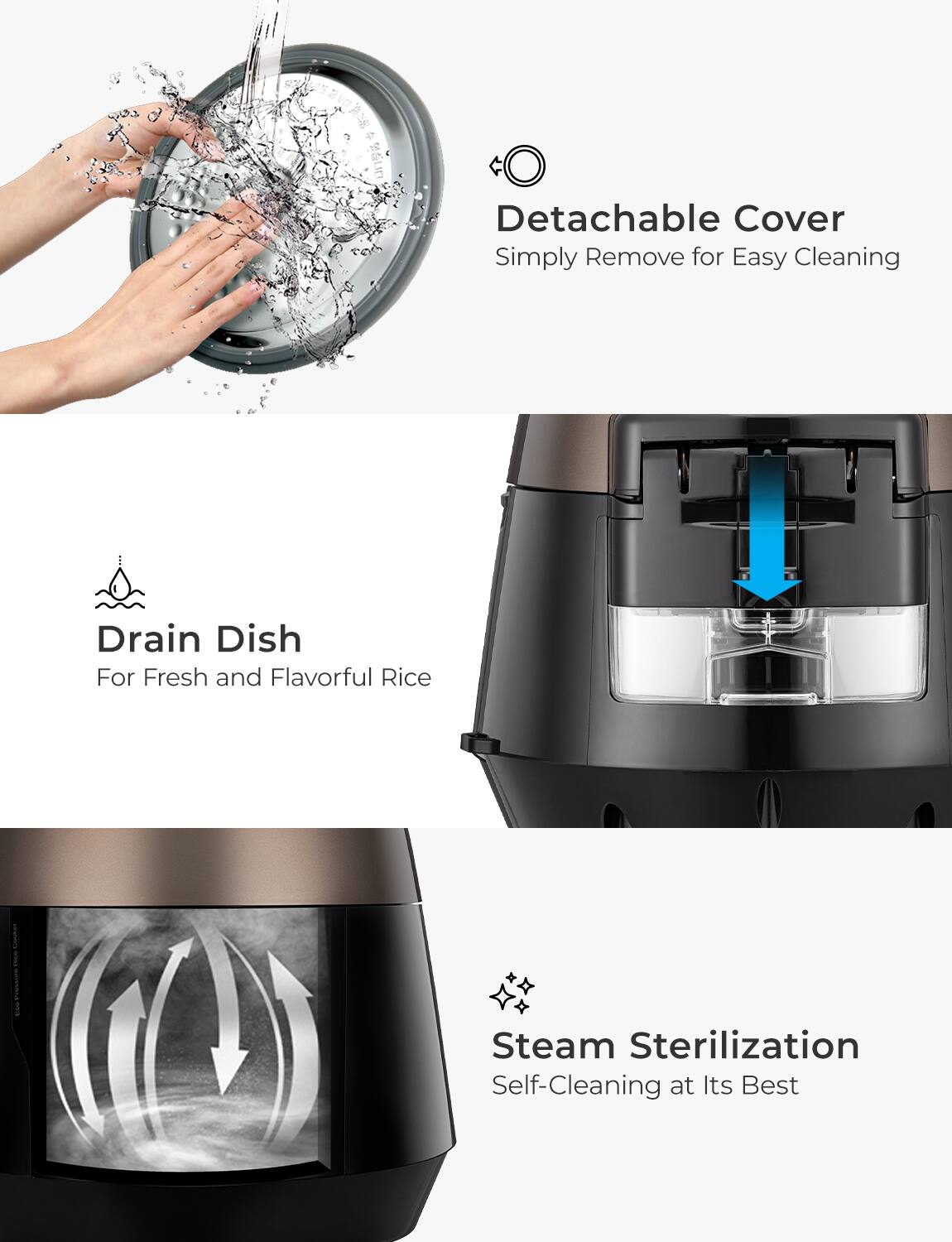 - Detachable Cover  
  Simply Remove for Easy Cleaning

- Drain Dish  
  For Fresh and Flavorful Rice

- Steam Sterilization  
  Self-Cleaning at Its Best
