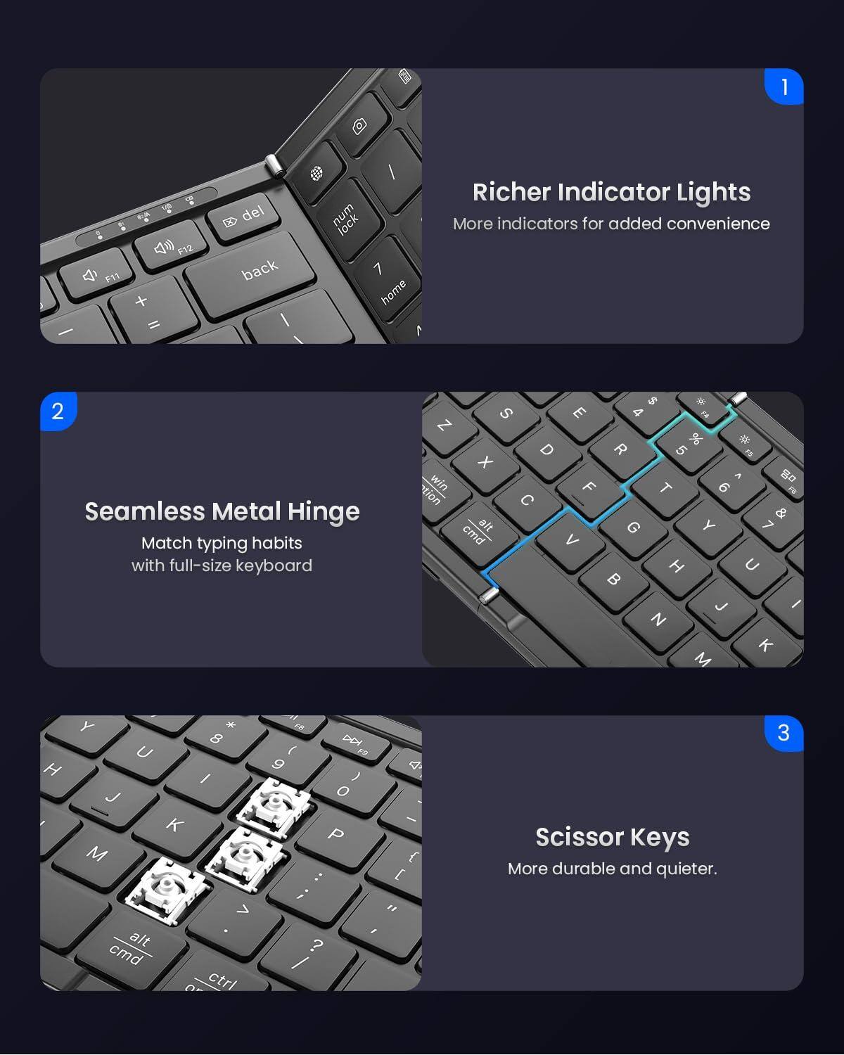 1. Richer Indicator Lights  
   More indicators for added convenience

2. Seamless Metal Hinge  
   Match typing habits with full-size keyboard

3. Scissor Keys  
   More durable and quieter.