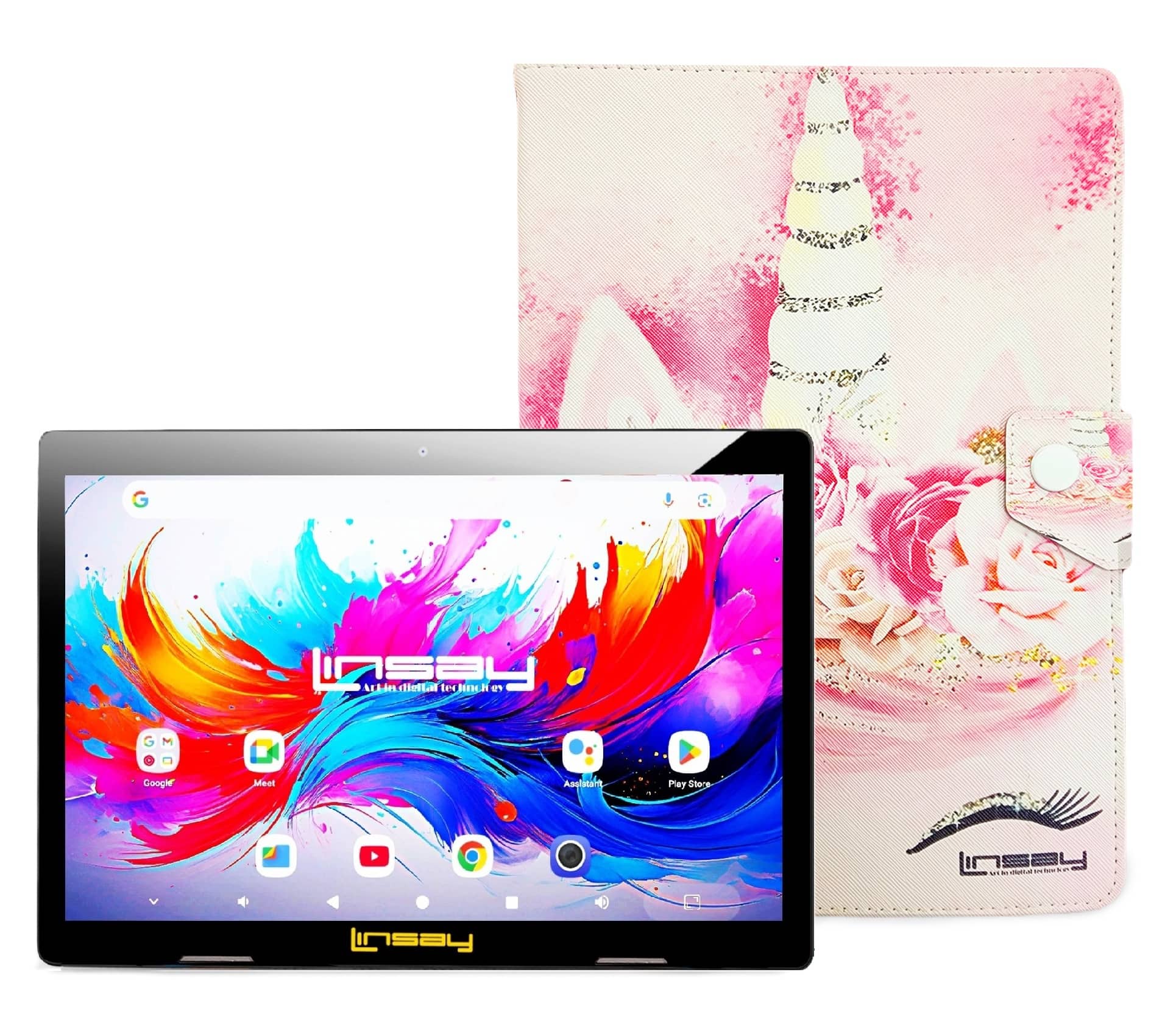 LINSAY - 10.1"Octa Core 256GB Storage Android 15 Tablet with Unicorn Shape Case - Pink