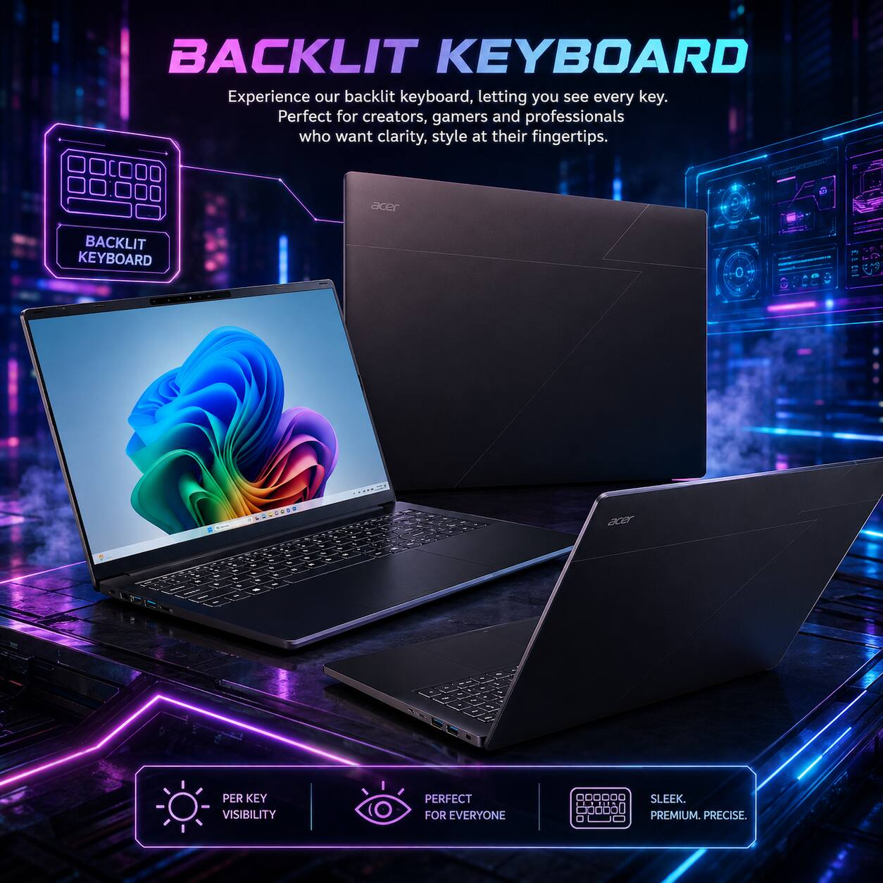 BACKLIT KEYBOARD

Experience our backlit keyboard, letting you see every key. Perfect for creators, gamers and professionals who want clarity, style at their fingertips.

acer

BACKLIT KEYBOARD

PER KEY VISIBILITY

PERFECT FOR EVERYONE

SLEEK. PREMIUM. PRECISE.