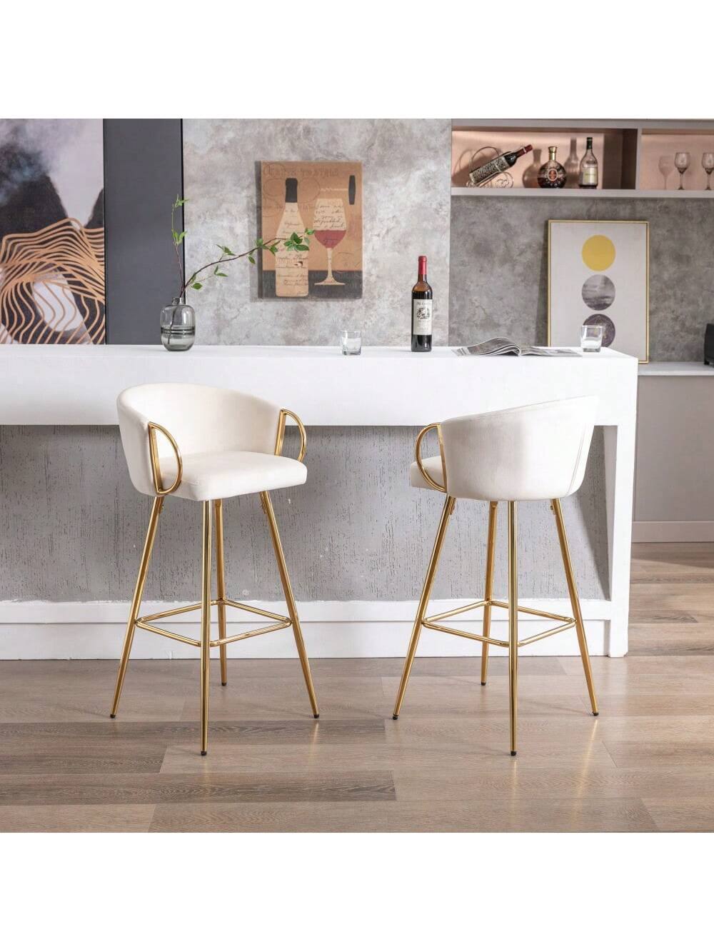 Alt View 4. Trinkets Crazed - 26" Velvet Counter Stools Set Of 2, Luxury Bar Chair With Low Back and Gold Legs For Kitchen Island - Beige.