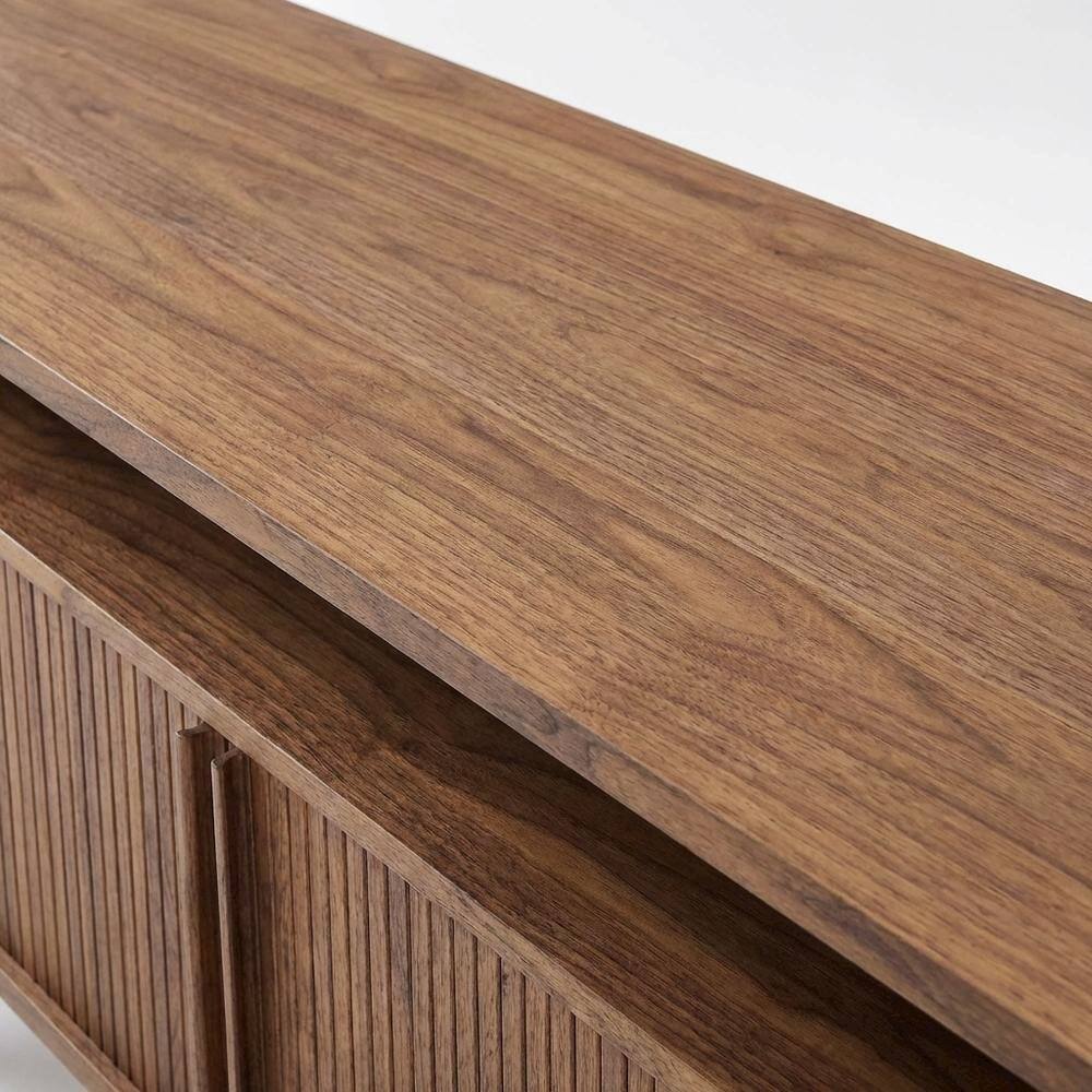 Alt View 1. FurniFact - Curved TV Stand in Brown, Rubberwood Solids, Walnut Veneers, Stylish Storage - Brown.