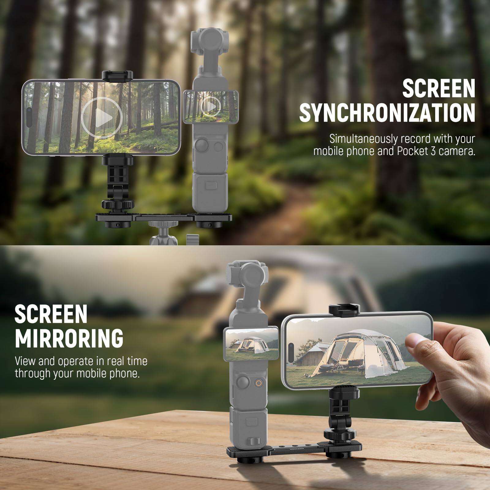 SCREEN SYNCHRONIZATION  
Simultaneously record with your mobile phone and Pocket 3 camera.  

SCREEN MIRRORING  
View and operate in real time through your mobile phone.
