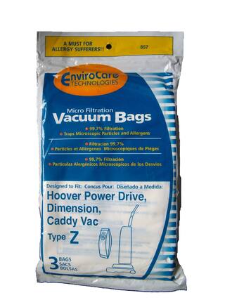 A MUST FOR ALLERGY SUFFERERS!!
857 EnviroCar Technologies Micro Filtration Vacuum Bags
99.7% Filtration Traps Microscopic Particles and Allergens
Filtración 99.7% Partículas y Alergénicos Microscópicos de Pies
Particulas Alergénicos Microscópicos de los Desvios
Designed to Fit: Hoover Power Drive, Dimension, Caddy Vac Type Z
3 BAGS SACS BOLSAS