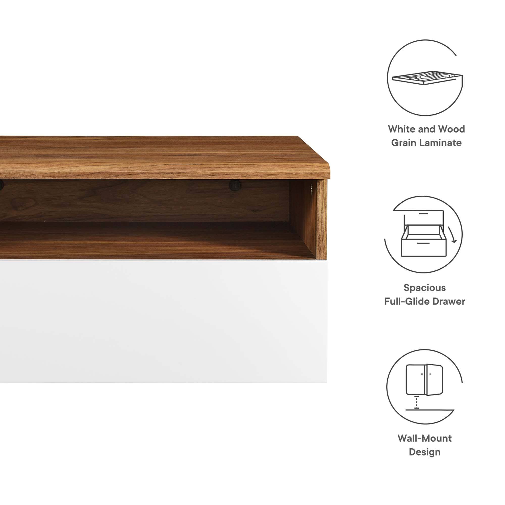 White and Wood Grain Laminate  
Spacious Full-Glide Drawer  
Wall-Mount Design