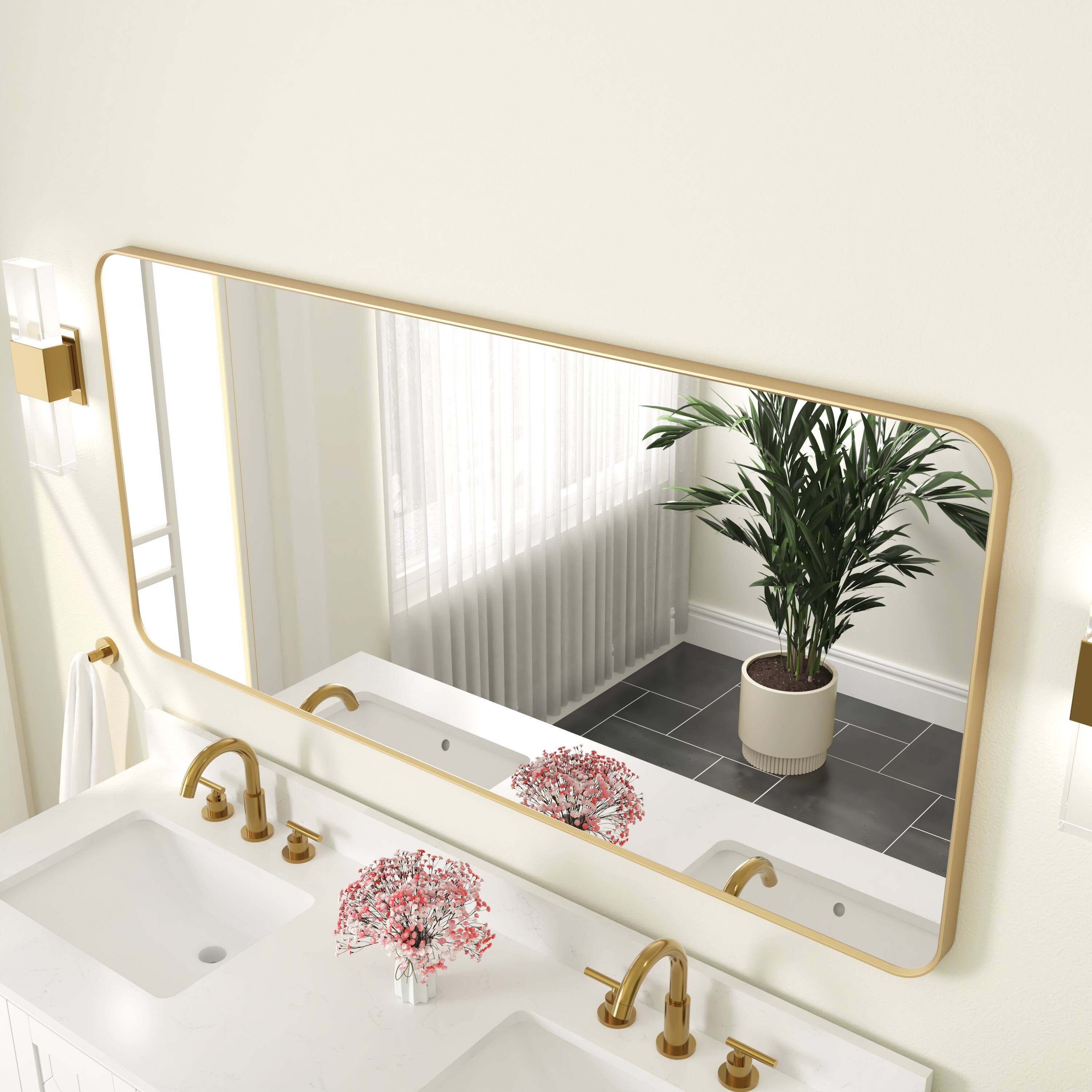 Back. WELLFOR - 60 in. W. x 28 in. H Rectangular Aluminum Framed Wall-Mounted Bathroom Vanity Mirror - Brushed Gold.